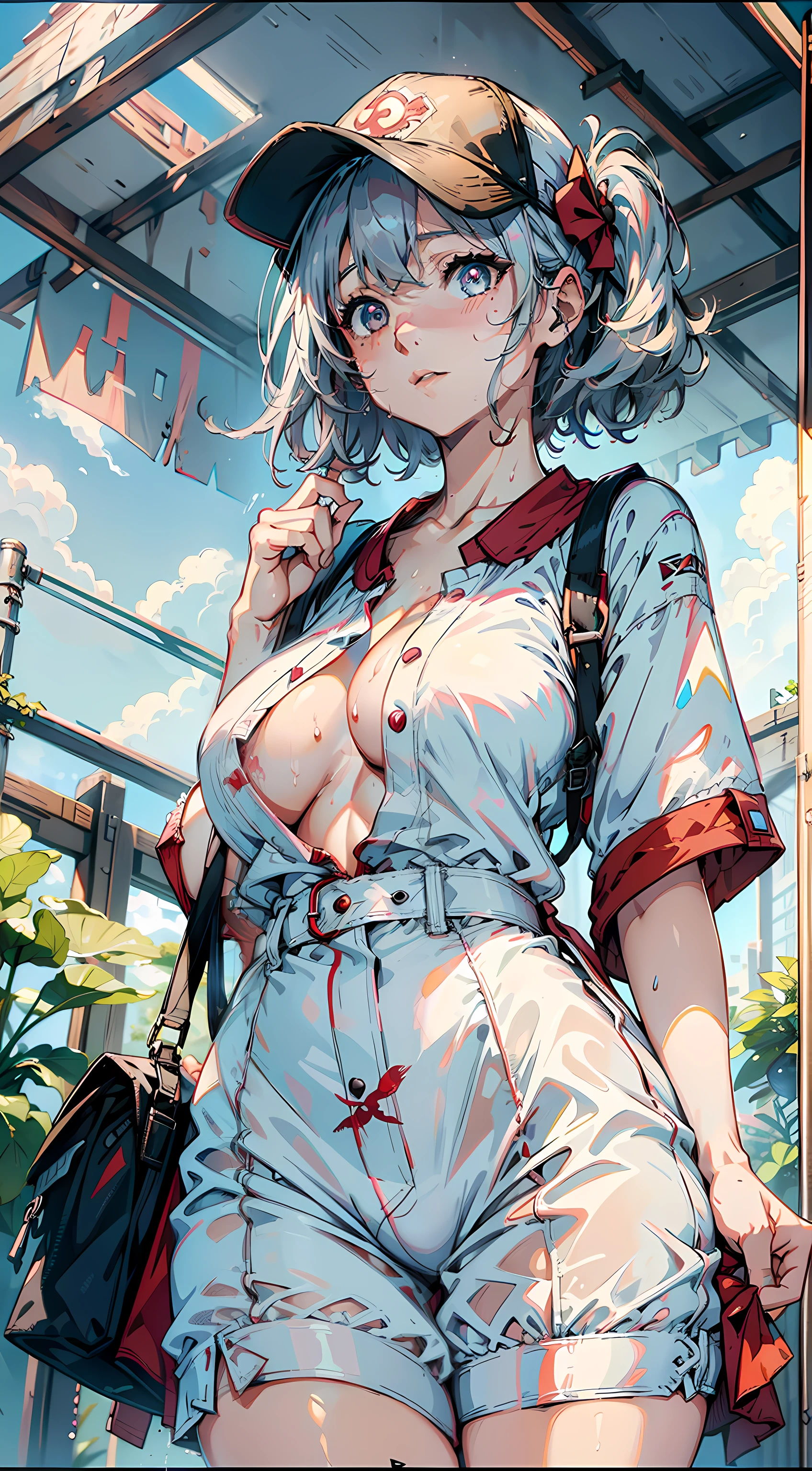 1female, ar old,t girl, Lori huge breasts cleavage, super adorable, Small breasts, Pornographic exposure, 独奏, (Background with:in summer) She has long silver-gray hair, Headband with baseball cap, standing on your feet, Sweat profusely, drenched all over the body, seen from the front, curlies, mostly cloudy sky, (((tmasterpiece), (Very detailed CG unity 8K wallpaper), best qualtiy, cinmatic lighting, detailed back ground, beatiful detailed eyes, Bright pupils, (Very fine and beautiful), (Beautiful and detailed eye description), ultra - detailed, tmasterpiece, )), facing at camera, A high resolution, ultra - detailed), revealing breasts, Japan Elementg:Red flying baseball shirt, Black jumpsuits)