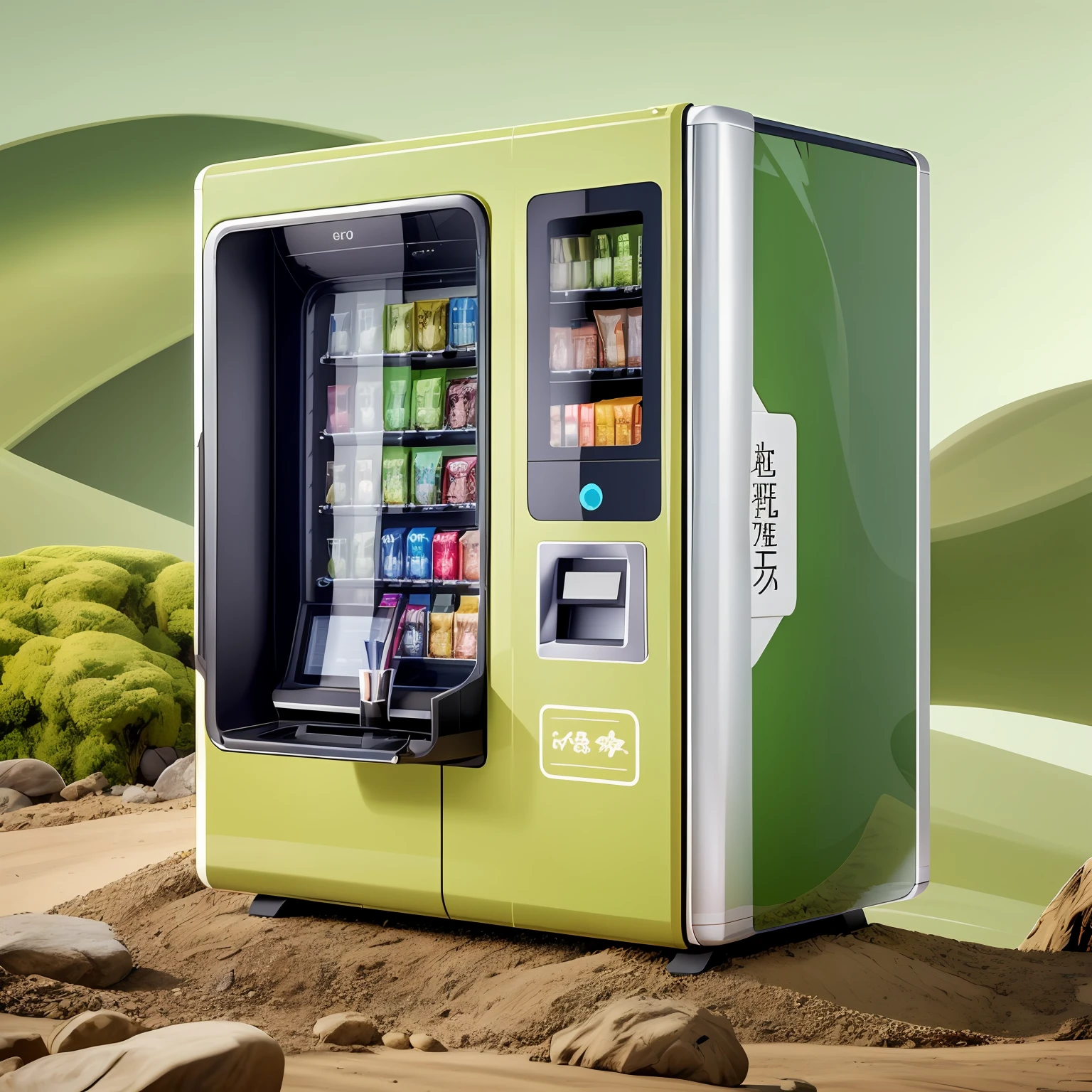 Close-up of cosmetics with display，vending machines，sci-fi vending machine，3D product render，Some are more specific, Descriptive scenarios may appear on the computer，por exemplo, Someone went to the vending machine to buy a sample of Gu Yu's photosensitive water，Or describe the purchase of beauty samples，Some combinations of foil scene elements， Product rendering，Stylistic references attract attention，Bright，A representative element of sunshine fashion，There are reasonable ones on the fuselage, For example, Someone goes，Buy beauty samples, etc，The overall color is mainly light yellow，Color distribution is 50 each%,Go buy cosmetics，Skincare，People who shop and so on，Wish there were more elements，A little diversified，Fewer colors，Don't be characterized，The fuselage should not have green