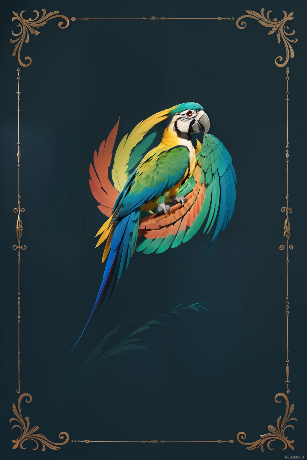 "Obra maestra de colores brillantes: Ethereal macaw with multicolored plumage perched on a striking object. Dynamic scenery with beautiful details and movement. Stunning animated background in high resolution."