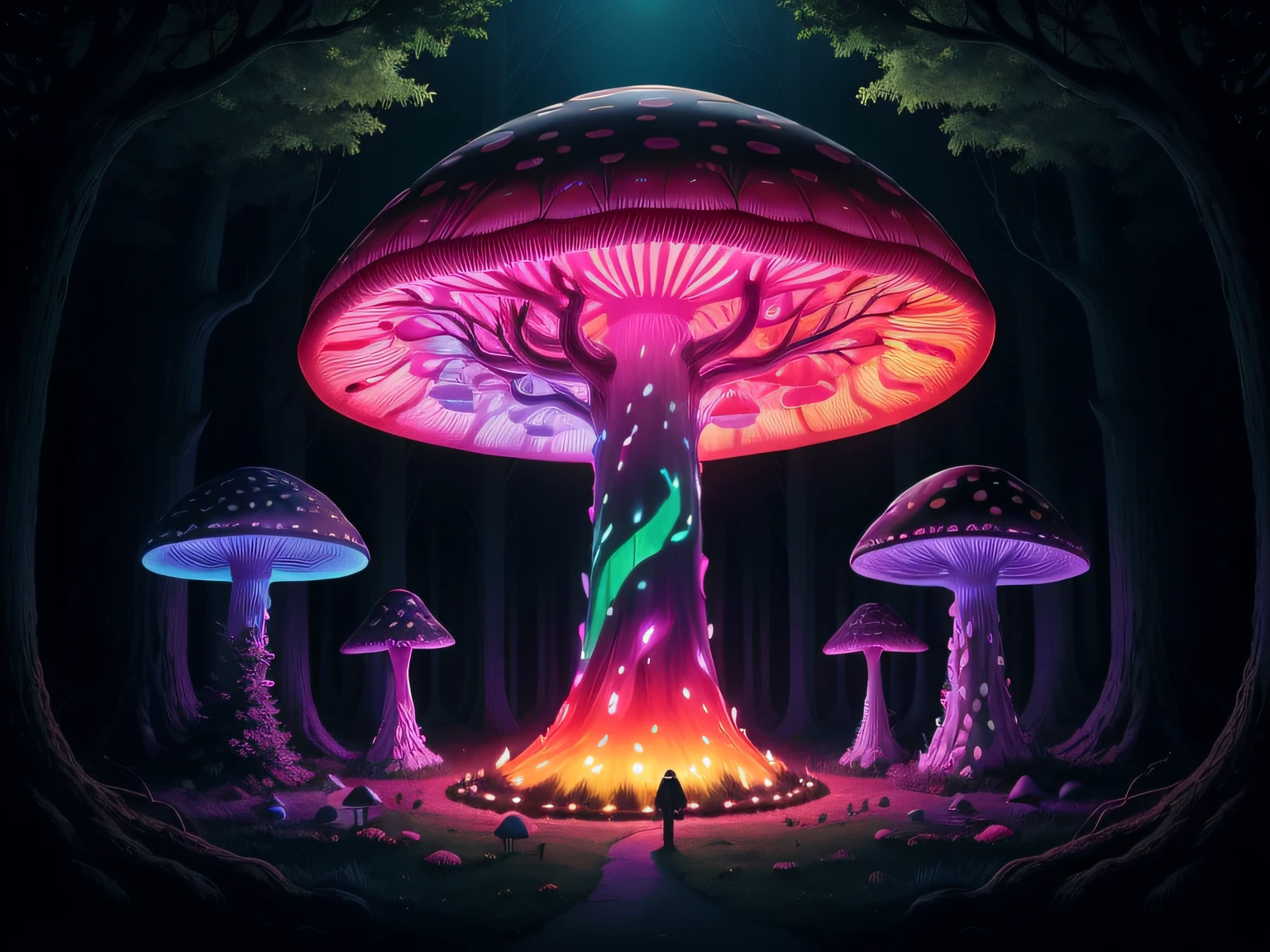 a brightly colored mushroom in a dark forest with trees, neon mushrooms, magic mushroom, trippy mushroom, psychedelic mushrooms dream, dark mushroom, nuclear mushroom, trippy art, mushroom forest, fluorescent mushrooms, jen bartel, giant mushroom, glowing mushrooms, giant fluorescent fungi, psychedelic forest, psychedelics, psychedelic illustration, an alien mushroom with tentacles, magic mushrooms