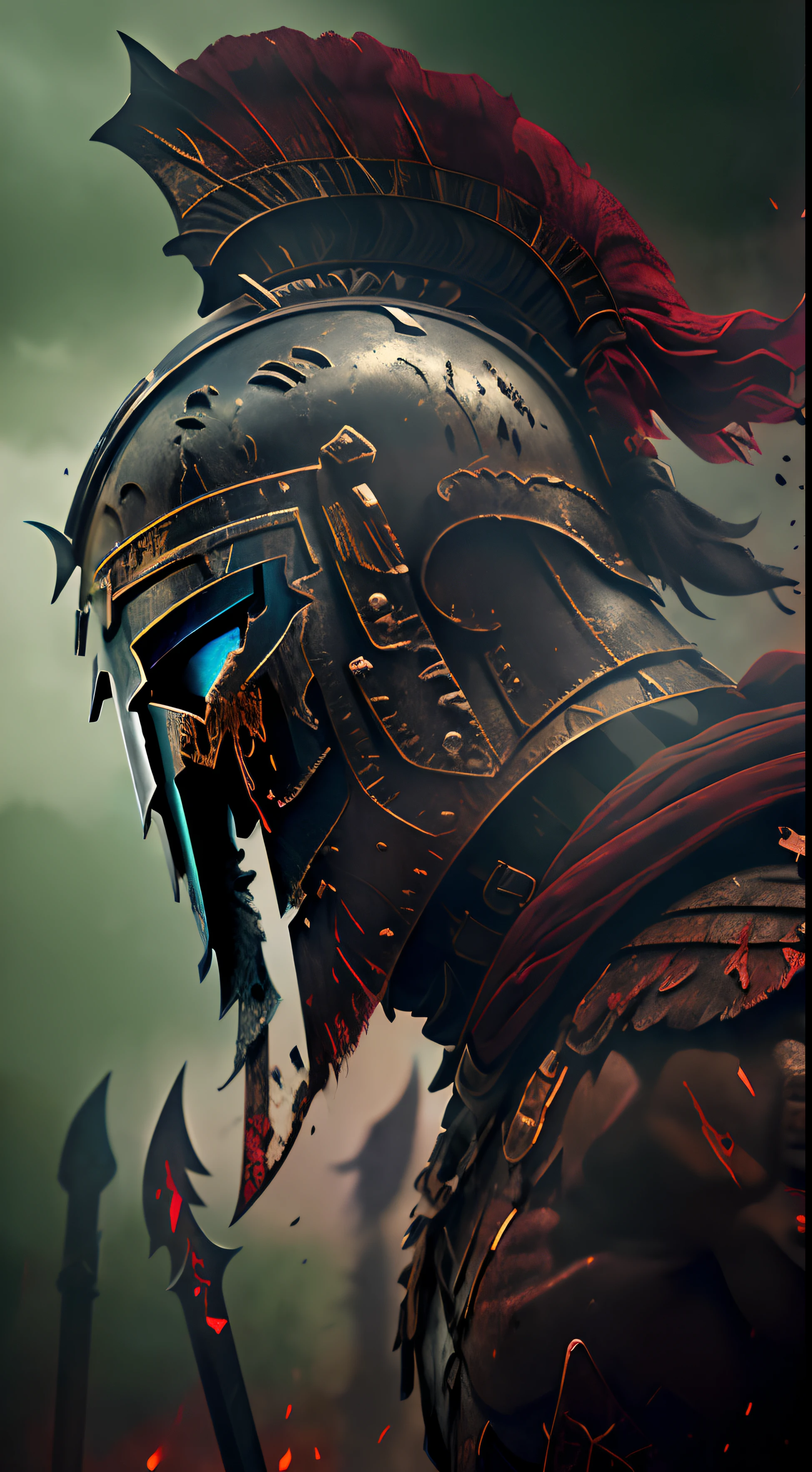 (Ultra resolution 8K) Medieval epic Spartan warrior The Spartan's face is obscured by the shadow of the blackened metal helmet, whose surface is stained and splattered with fresh blood. The raw and rough lines of the helmet merge with the gloomy scenery of the battle, almost looking like an extension of the warrior's own grim countenance.