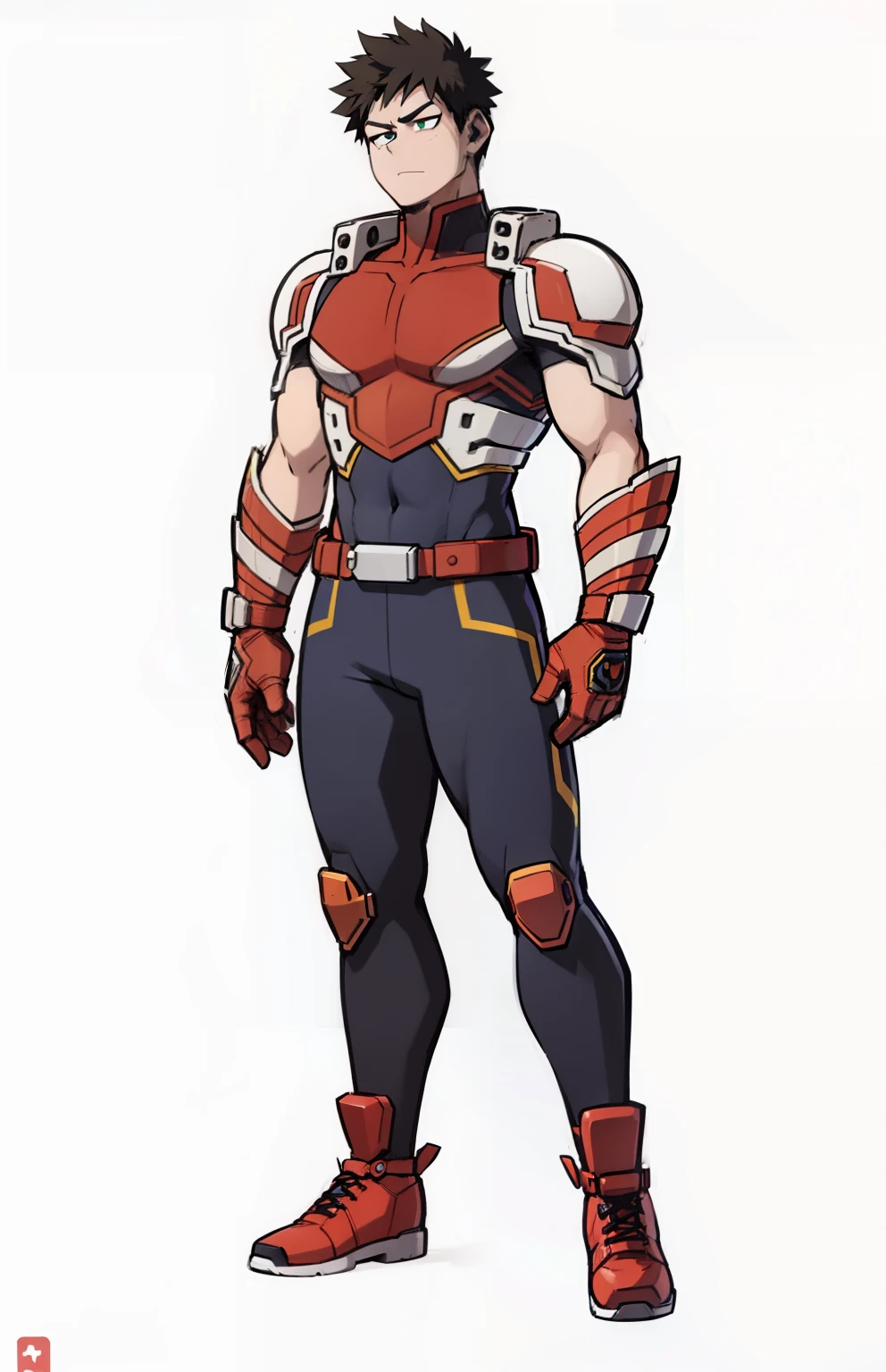 My Hero Academia style, anime boy, male, young male, trending on artstation pixiv, (full body shot:0.5), short hair, light brown hair, green eyes, hero suit, full body suit, blue suit with red and white details, Perfect Anatomy, Super Detailed,