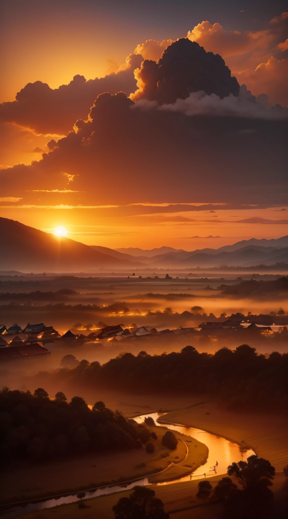 an oil painting depicting a traditional Myanmar village during sunset, with birds soaring high in the sky
Inspiration: Reflects the artistry of U Ba Nyan's traditional Myanmar paintings
Scene: The village sits in the embrace of the descending sun, evoking a sense of cultural heritage.
Color Temperature: Rich, warm colors reflecting the twilight glow
Lighting and Atmosphere: Warm and soft sunset light, capturing the essence of tradition