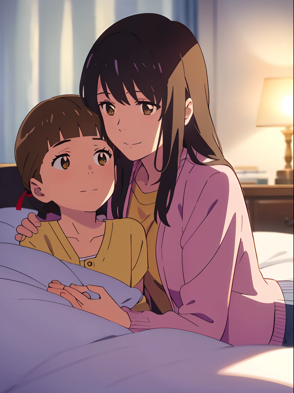 shinkai makoto, kimi no na wa., morher and child, 1girl, mother,bangs, Brown eyes, waterfall braid, red ribbon, long hair, light pink cardigan, open clothes, yellow shirt, orange pants, mother, holding on another one's hand, hugs son, son, buzzcut, close mouth, smile, yellow jacket, green pants, holding with another one's hand, indoor, bed, bedroom, hug, passionate hug, hug chest, hug by mother, lie on bed