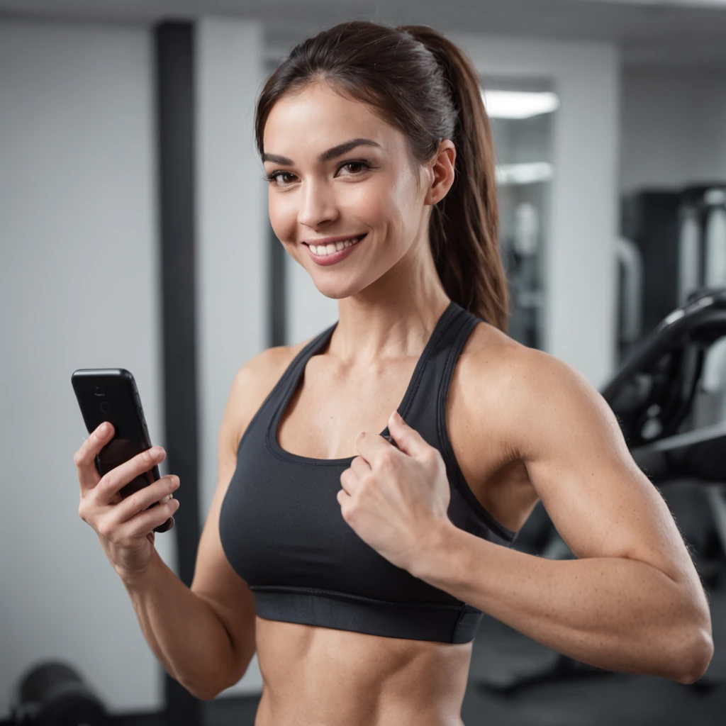 Capture the warmth and expertise of a female personal trainer in a gym, showcasing her smiling as she holds her smartphone screen towards the camera. Depict the trainer's approachable and confident demeanor, inviting viewers to engage with her guidance. Utilize soft, flattering lighting to enhance her smile and highlight her professionalism. Ensure the smartphone's screen is visible, displaying relatable content such as workout tips or progress updates. Convey a sense of trustworthiness and encouragement, making the viewer feel welcomed into the world of fitness with a knowledgeable and supportive trainer.