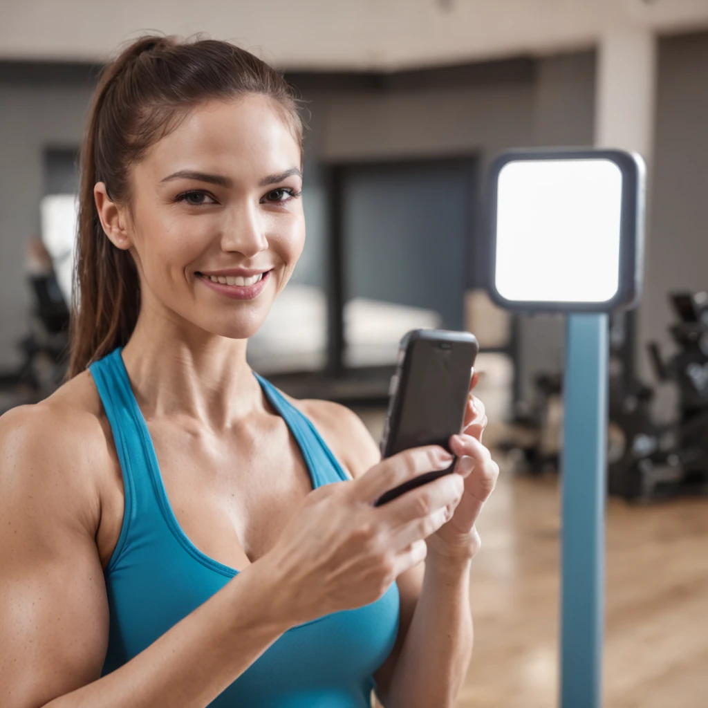 Capture the warmth and expertise of a female personal trainer in a gym, showcasing her smiling as she holds her smartphone screen towards the camera. Depict the trainer's approachable and confident demeanor, inviting viewers to engage with her guidance. Utilize soft, flattering lighting to enhance her smile and highlight her professionalism. Ensure the smartphone's screen is visible, displaying relatable content such as workout tips or progress updates. Convey a sense of trustworthiness and encouragement, making the viewer feel welcomed into the world of fitness with a knowledgeable and supportive trainer.