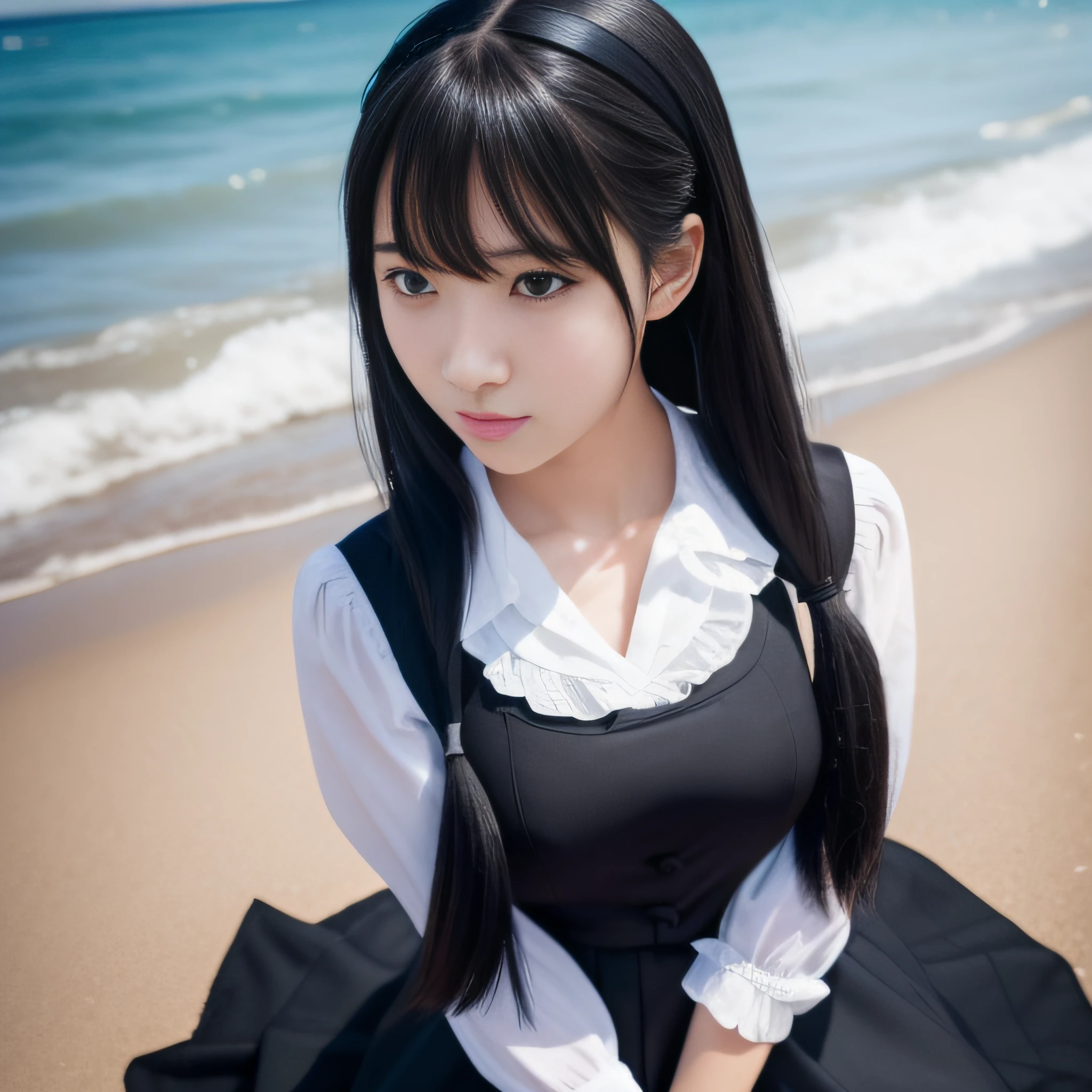 schoolgirls，年轻，Black color hair，horse tailed,best qualtiy，best illuminate，Highest high resolution，16k，Meticulous details，full body shot shot,realisticlying,beachside,The bust is huge,full bodyesbian,Lolita dress