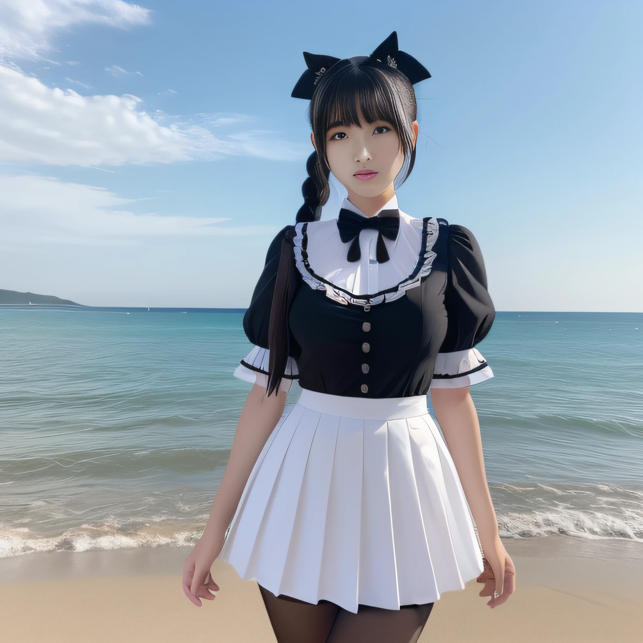 schoolgirls,年轻,Black color hair,horse tailed,best qualtiy,best illuminate,Highest high resolution,16k,Meticulous details,full body shot shot,realisticlying,beachside,The bust is huge,full bodyesbian,Lolita dress