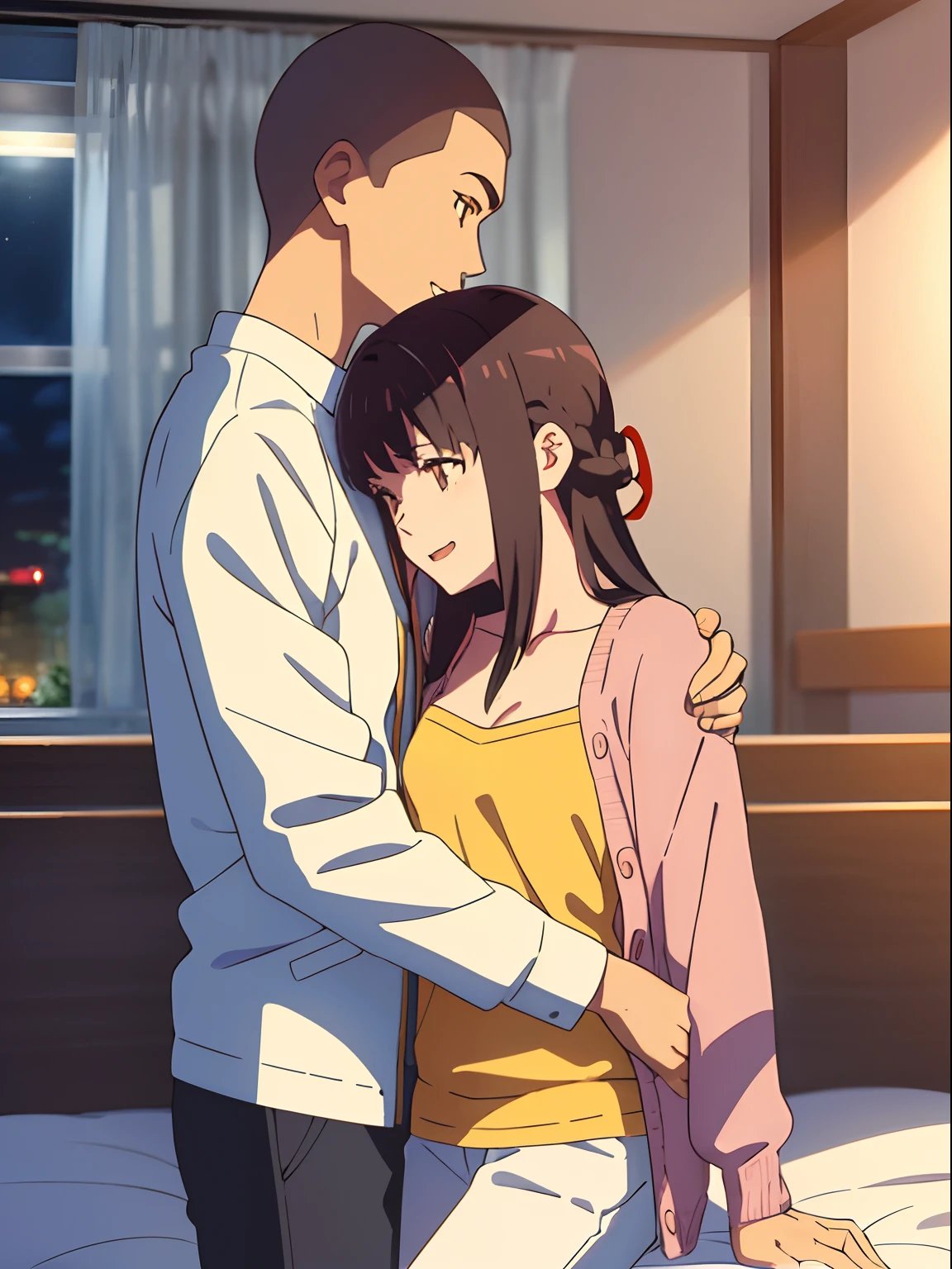 shinkai makoto, kimi no na wa., 1girl, bangs, Brown eyes, waterfall braid, red ribbon, long hair, light pink cardigan, open clothes, yellow shirt, orange pants, mother, holding on another one's hand, hugs son, 1boy, buzzcut, open mouth, smile, black shirt, long sleeves, indoor, bed, bedroom, touch chest, bite chest, hug, grab, grab chest,passionate hug, hug chest, lie on bed, night