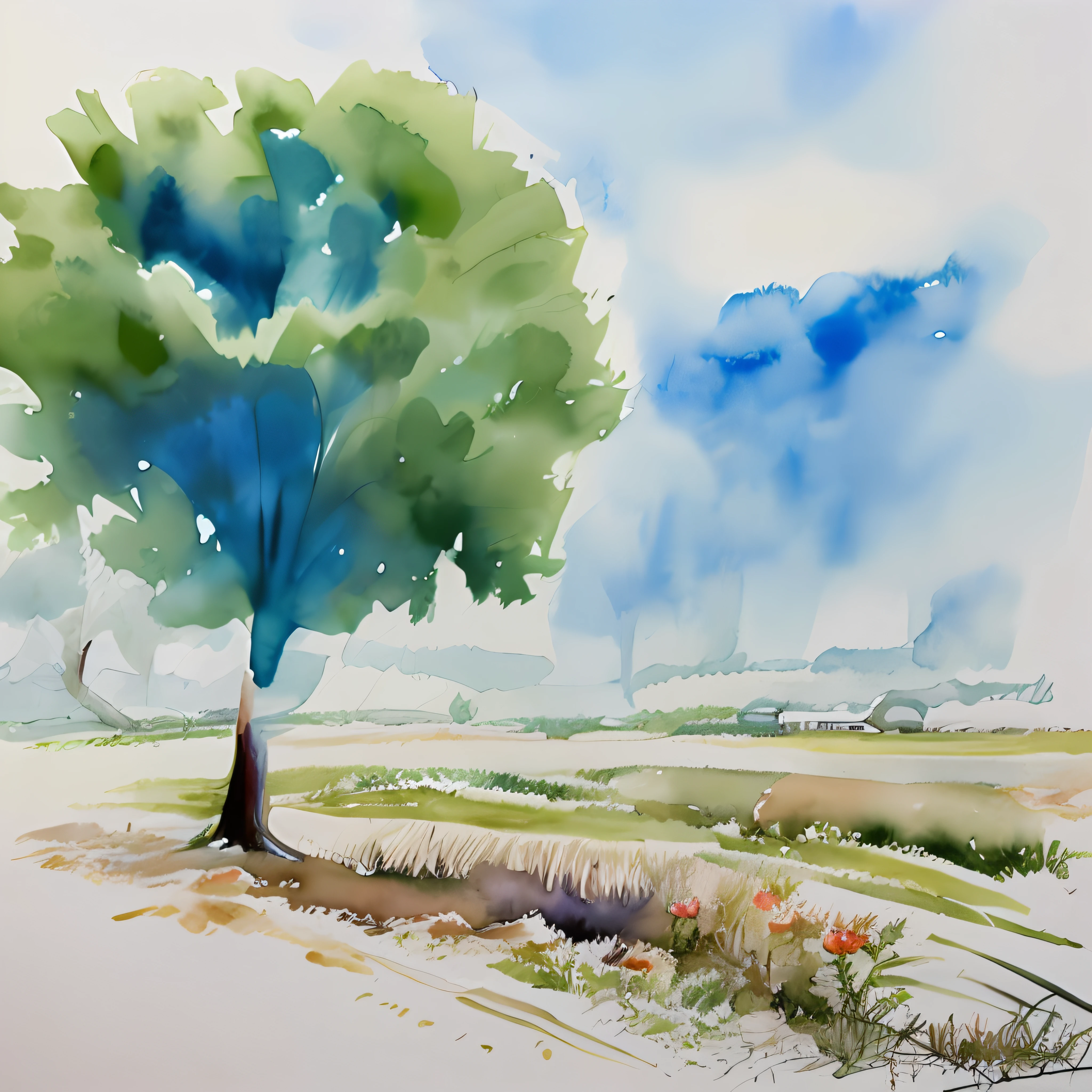 Watercolor landscapes with blur and contour markers, the rays of the sun break through the clouds, fill light