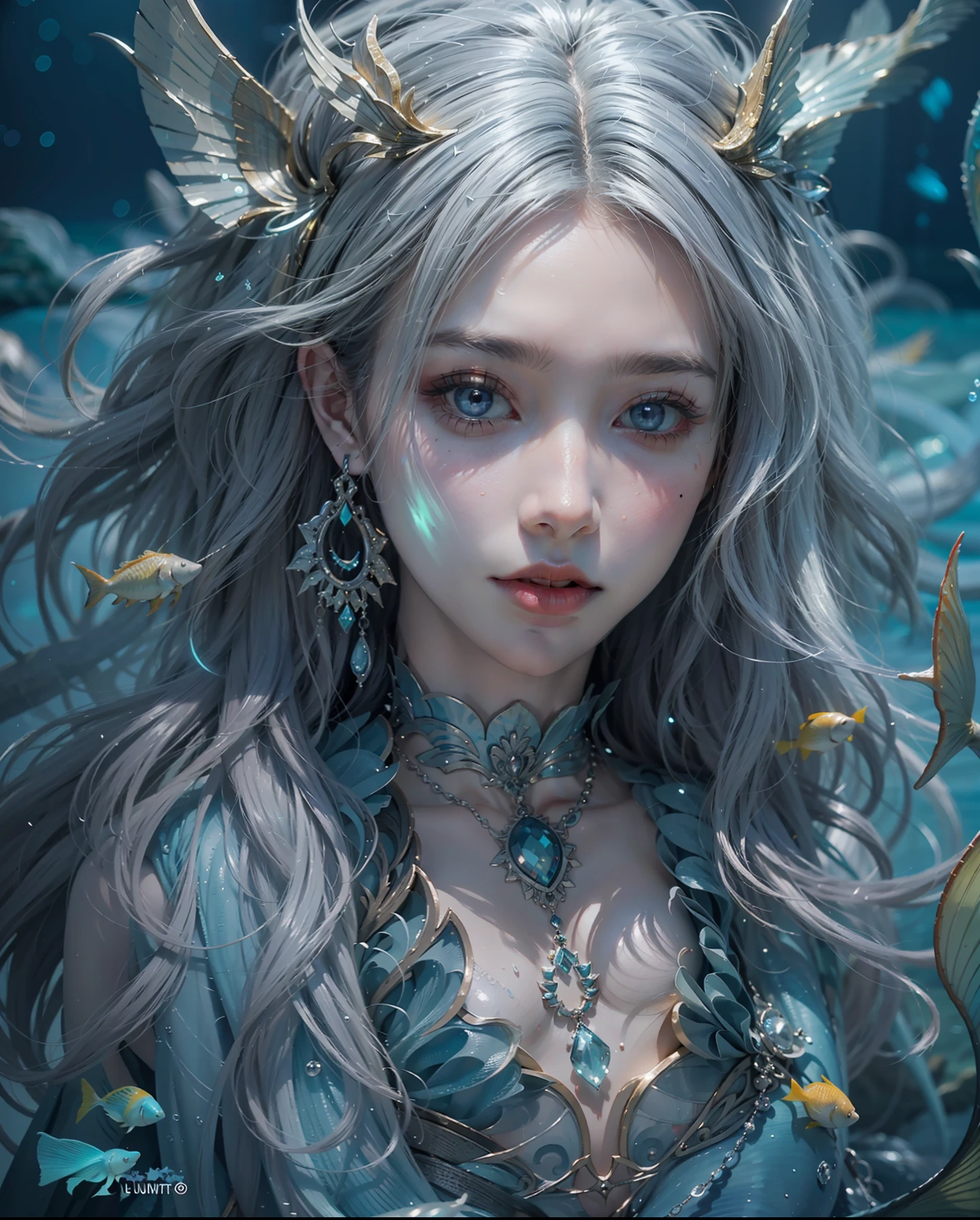 (number々Award-winning masterpieces of, with incredible detail, textures and maximum detail), (Hyper realistic:1.4), (Realistic:1.3),Finish as shown in the photo (Top quality real texture skins), (((in water))), (((Deep sea))),finerly detailed face, ((medieval world))((Mermaid Princess))(full-body view:1.5),(She has a mischievous smile on her face), (Eyes glowing blue in the dark:1.5),(full-body standing image), (bio luminescent:1.5),(Dramatic light), (A majestic sight), Glass earrings on the ears, (dramatic photography:1.4), ((dramatic pose)),(Silver and blue mesh hair:1.2),((Eyes are on the viewer)), (There is a beautiful necklace around her neck),(Use fancy ice magic:1.2), (Beautiful fish in the surroundings), Ancient submerged city, Ruins of an underwater temple, (Luminous magic circle:1.5), reefs, Epic Realistic, (teal and orange:0.4), (Art Station:1.5),(Muted colors:1.2), Hyper Detailed, (Intricate details:1.1), Complex background,Breasts are small and B size、A slender、The chest is open、Mermaid from the waist down、The fins on the toes are large and beautiful、Surrounded by a lot of fish、Background bokeh and glitter、(Zentangle、a Mandala、Tangles、Entanglement)
