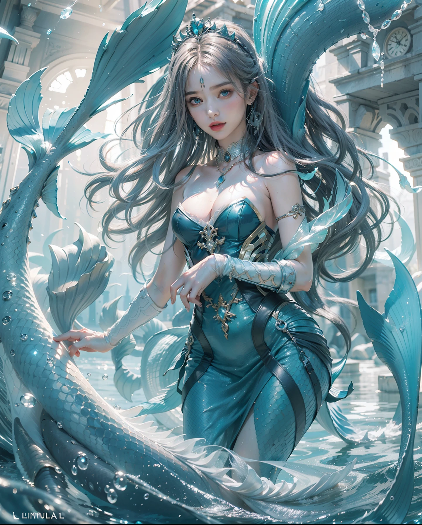 (number々Award-winning masterpieces of, with incredible detail, textures and maximum detail), (Hyper realistic:1.4), (Realistic:1.3),Finish as shown in the photo (Top quality real texture skins), (((in water))), (((Deep sea))),finerly detailed face, ((medieval world))((Mermaid Princess))(full-body view:1.5),(She has a mischievous smile on her face), (Eyes glowing blue in the dark:1.5),(full-body standing image), (bio luminescent:1.5),(Dramatic light), (A majestic sight), Glass earrings on the ears, (dramatic photography:1.4), ((dramatic pose)),(Silver and blue mesh hair:1.2),((Eyes are on the viewer)), (There is a beautiful necklace around her neck),(Use fancy ice magic:1.2), (Beautiful fish in the surroundings), Ancient submerged city, Ruins of an underwater temple, (Luminous magic circle:1.5), reefs, Epic Realistic, (teal and orange:0.4), (Art Station:1.5),(Muted colors:1.2), Hyper Detailed, (Intricate details:1.1), Complex background,Breasts are small and B size、A slender、The chest is open、Mermaid from the waist down、The fins on the toes are large and beautiful、Surrounded by a lot of fish、Background bokeh and glitter、(Zentangle、a Mandala、Tangles、Entanglement)