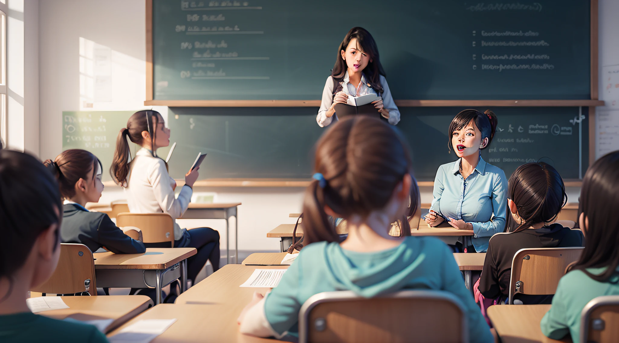 In bright classrooms,A teacher is giving a lecture to the students