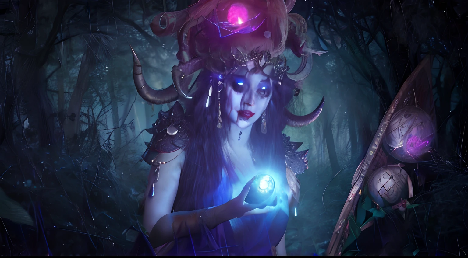 There is a woman holding a glowing ball in the forest, diablo 4 lilith, gothic maiden shaman, Maya Ali como um D&d feiticeiro, shaman witch, Artgerm Julie Bell Beeple, fae sacerdotisa, Diablo 4 Rainha, maya ali as a cyber sorceress, Female mage conjuring a spell, Arte de fantasia hiperrealista