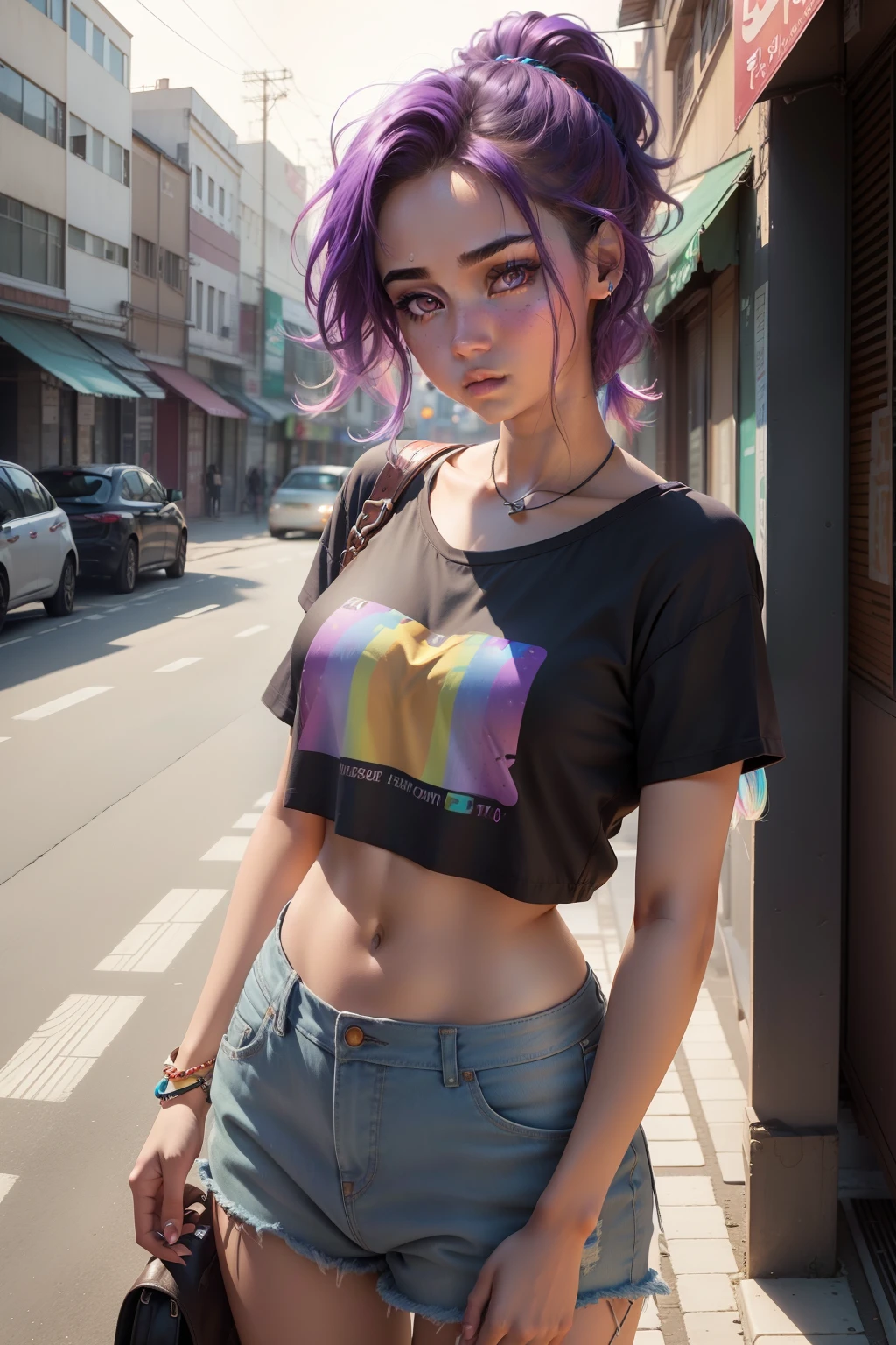 1girl, beautiful girl, brown skin, half body, Body Length 163 cm, 24 years old, brown skin girl, (Long Hair, Rainbow color hair), (Ponytail hairstyle hair), (purple eyes), realistic eyes, beautiful and big eyes), Galaxy clothes, wide clothes, medium breasts, (8k wallpaper), (Seoul streets wallpaper) 8k, high quilty, realistic, beautiful realistic, Cool details, raw photo, realistic clothing, short hair, Rainbow color hair, realistic hair, Light and cool lighting, photo realistic, Cel shaded, Gel lighting, ultra details