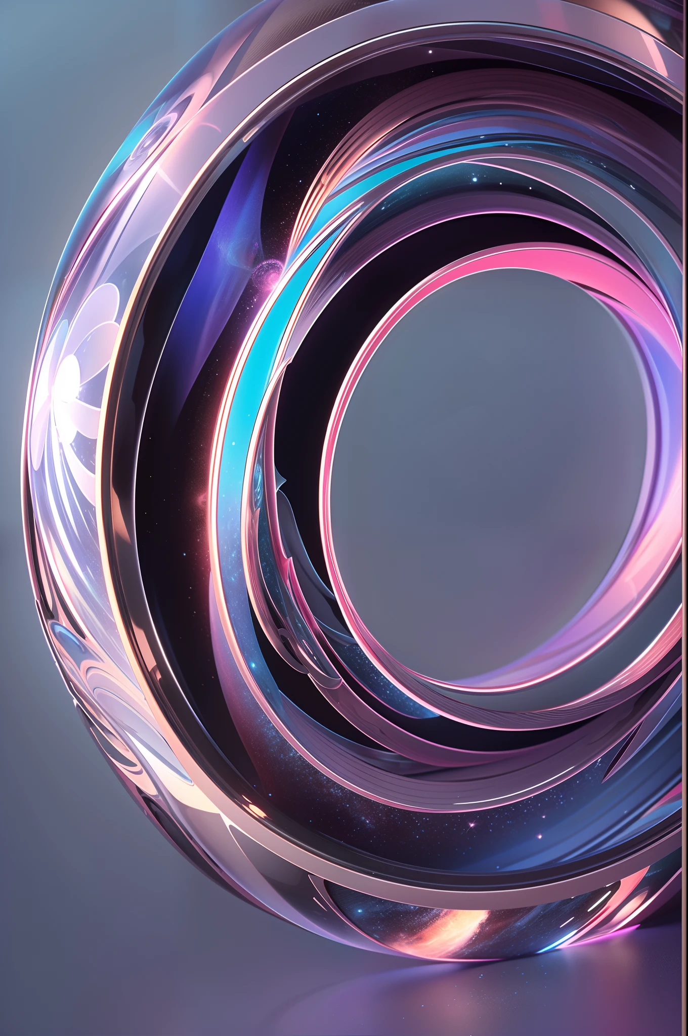 Center spiral glass mounting, circle， Geometrically smooth shape, Fantasy backlight, Smooth lines, Macro lens, Front view, Large diagonal perspective, full bodyesbian, with black background, Very large sense of space, Minimalism, Translucent glass material , 3D model, blender, rendering by octane，8k