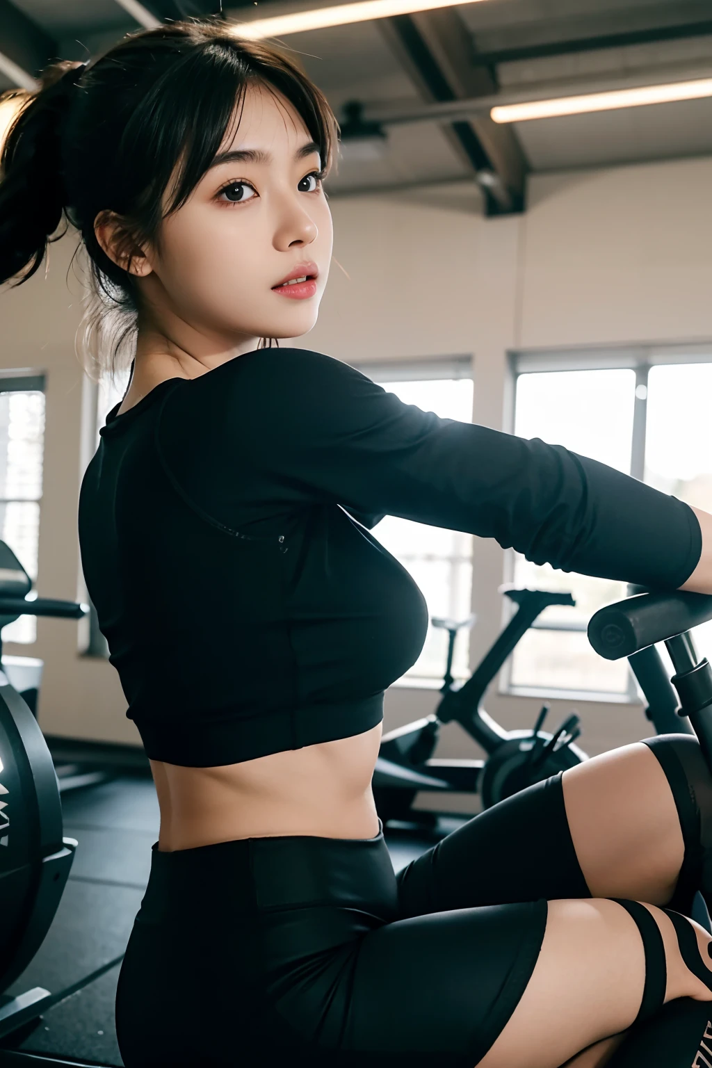 Fitness Girls、cute little、realisitic, 8K, 1girl in, Iris heterochromatic eyes, Mole under the eyes, (Toned abs)、Beautuful Women、Colossal tits:1.3、bich、life-like、8K、Kpop Idol、Wearing fitness wear、(perspired)、((Woman exercising in gym))、((Wet hair))、(Erotic face)、toned thighs、hyperdetailed face、Detailed lips、A detailed eye、Long Black Hair、Slender eyes、((toned big buttocks)),Nogizaka's、(Woman showing her buttocks and looking back)