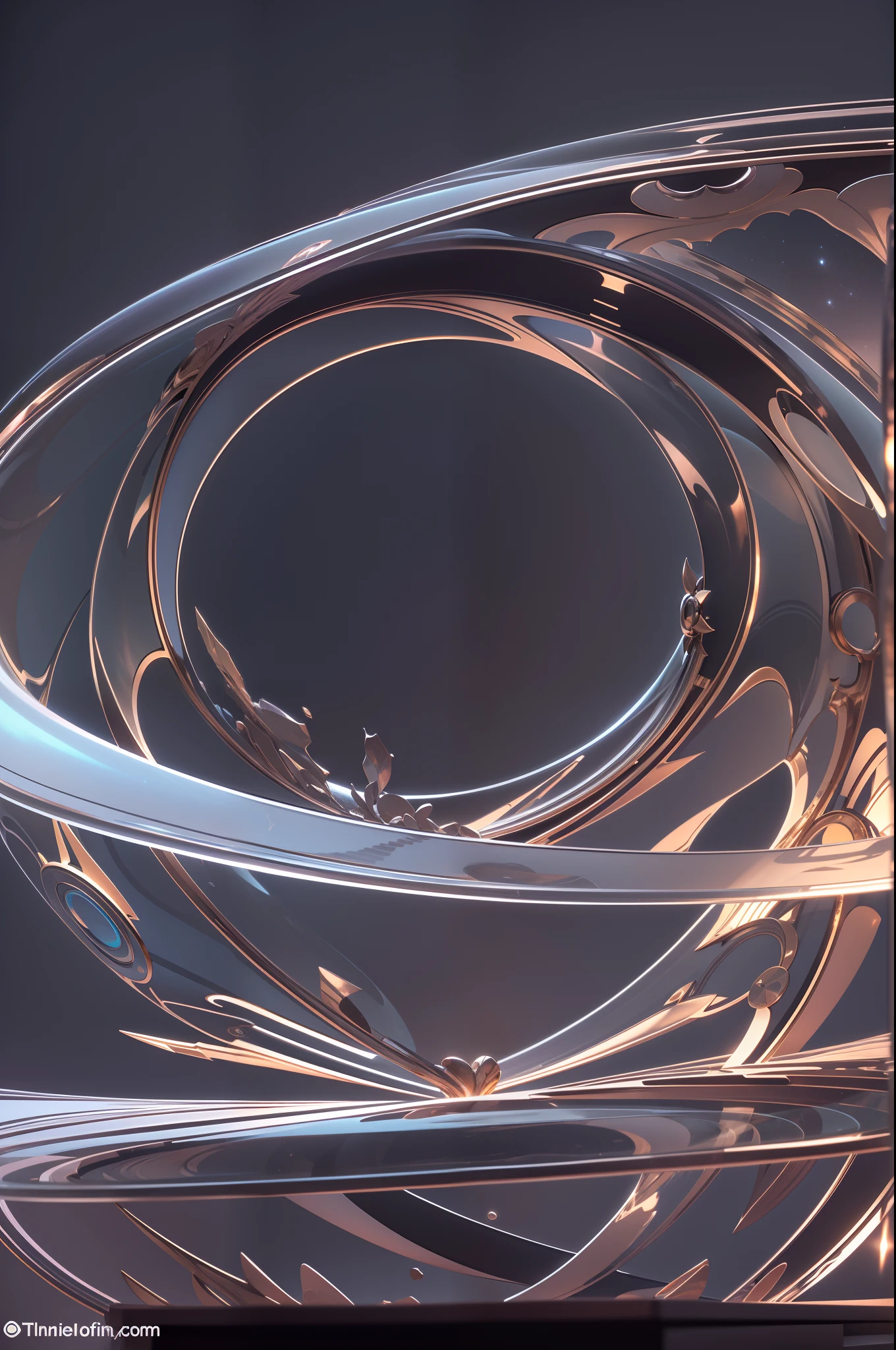 Center spiral glass mounting, circle， Geometrically smooth shape, Fantasy backlight, Smooth lines, Macro lens, Front view, Large diagonal perspective, full bodyesbian, with black background, Very large sense of space, Minimalism, Translucent glass material , 3D model, blender, rendering by octane，8k