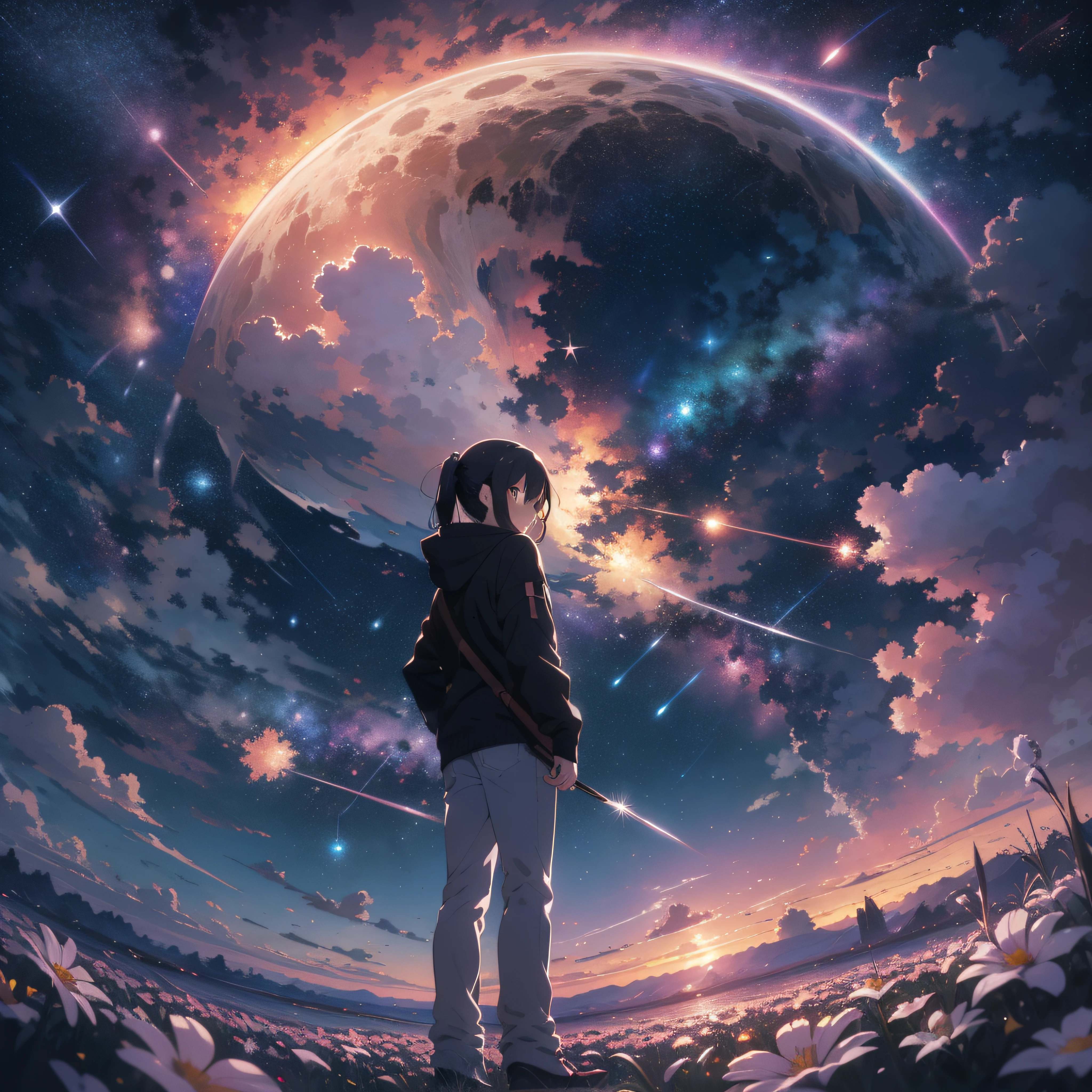 Anime boy standing in a field of flowers under a full moon，ssmile，Starry Sky 8K，night sky;8K，space sky，Cosmos Sky。Written by Makoto Shinkai， starrysky， stele（Skysky）starry_sky， Cosmos Sky， anime backgrounds， Anime art wallpaper 4 K， anime art wallpaper 4k， Anime Sky， 4k anime wallpaper, star comets.