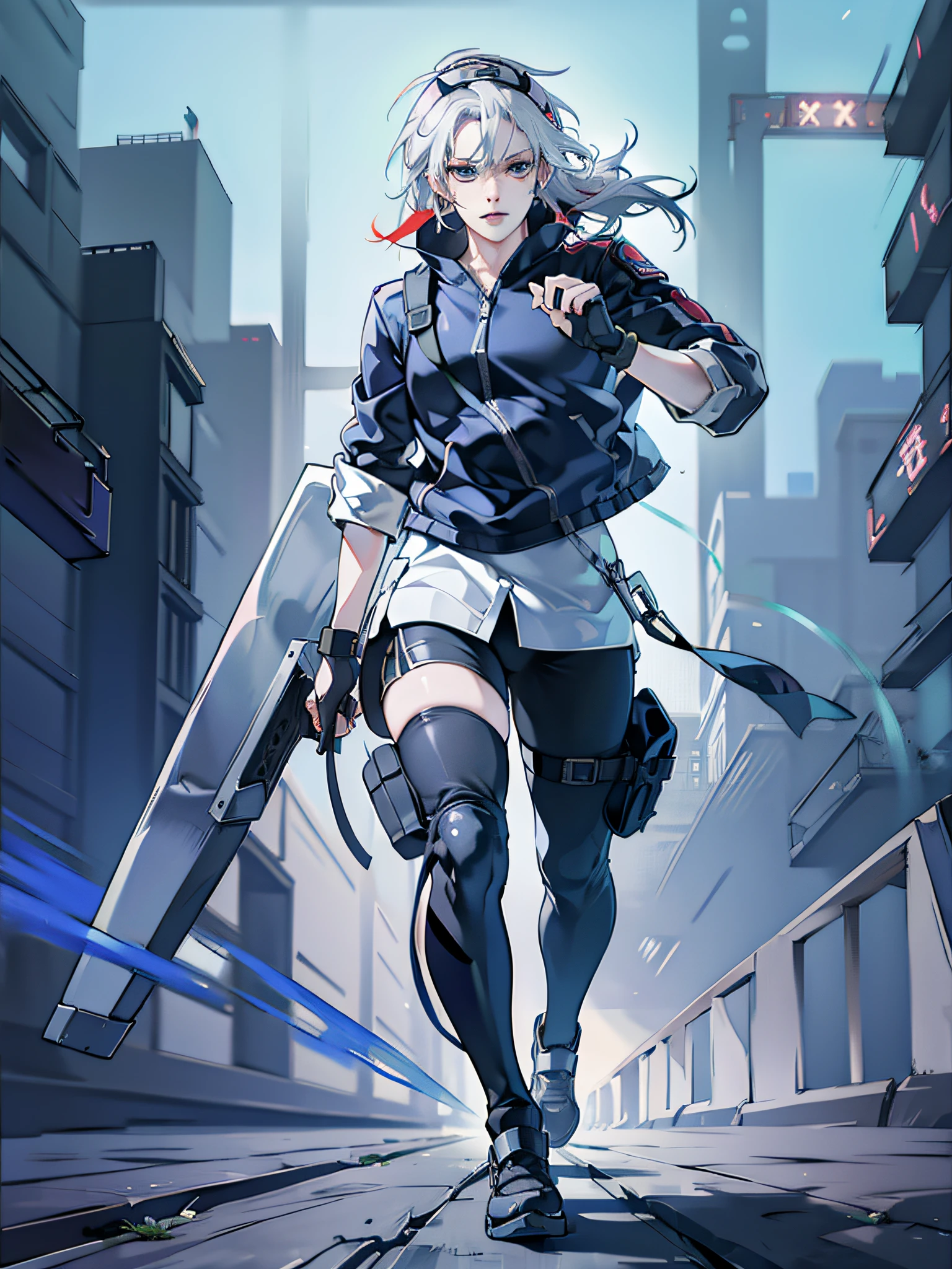 'Kakashi cyberpunk style, full body, moving mode, colored hair, silver eyes, 32k, ultra-realistic, insanely detailed, Super-Resolution, RTX'