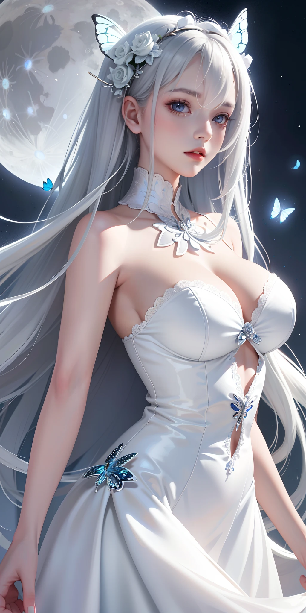 silver hair, butterflies, white long hair, 8k wallpaper, detailed background, highest resolution, big deep breasts, hair covers one eye, bandeau dress, chies, white rose, parted lips, hyperdetailed, moon, full bodyesbian,