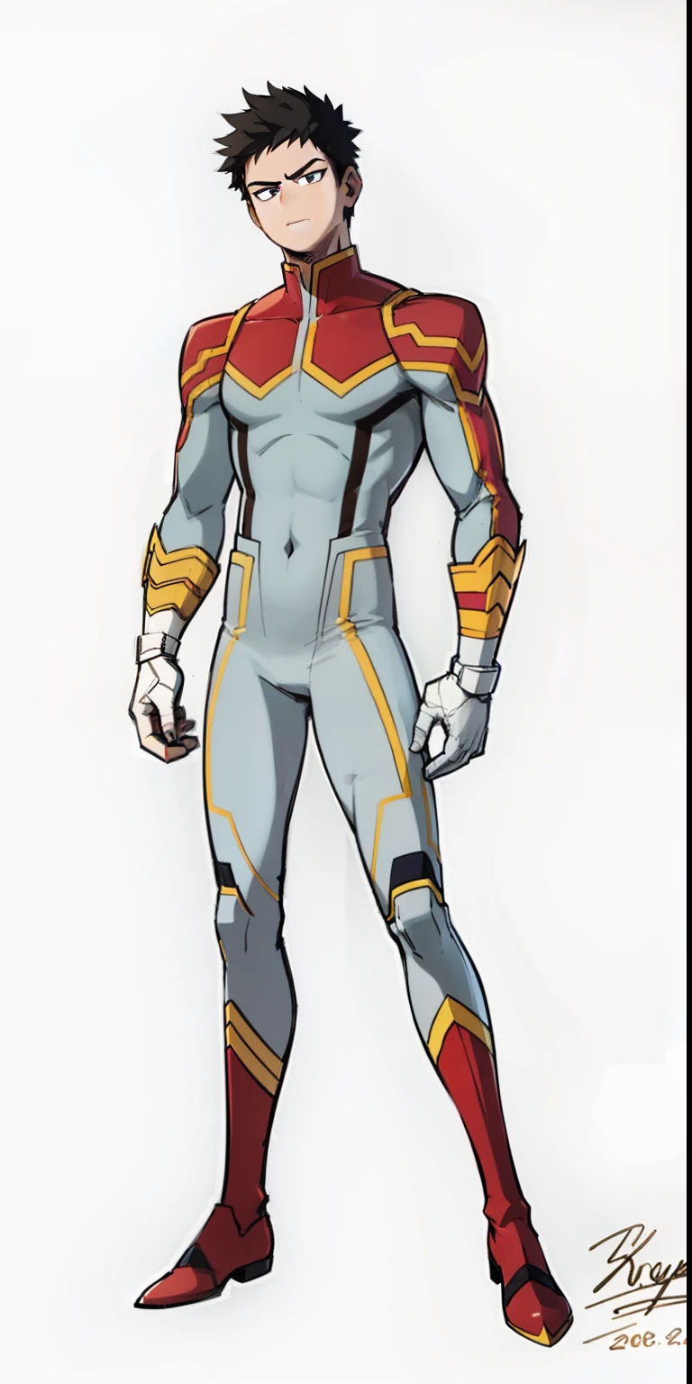 My Hero Academia style, anime boy, male, young male, trending on artstation pixiv, (full body shot:0.5), short hair, black hair, purple eyes, hero costume, full body suit, white suit with red and yellow details, super detailed, Perfect anatomy,