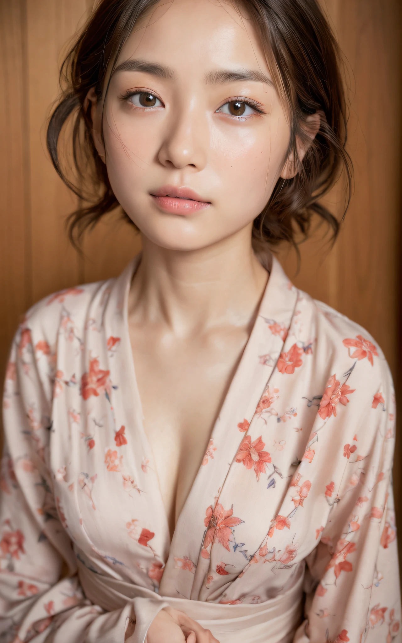 ((of the highest quality, 8K, masutepiece: 1.3)), Beauty, 1 Japan Girl, Big: 1.3, dark brown hair, (Open legs: 1.2), detailed face, very detailed lips, Detailed eyes, Double eyelids, open yukata, Sweaty skin: 1.2
