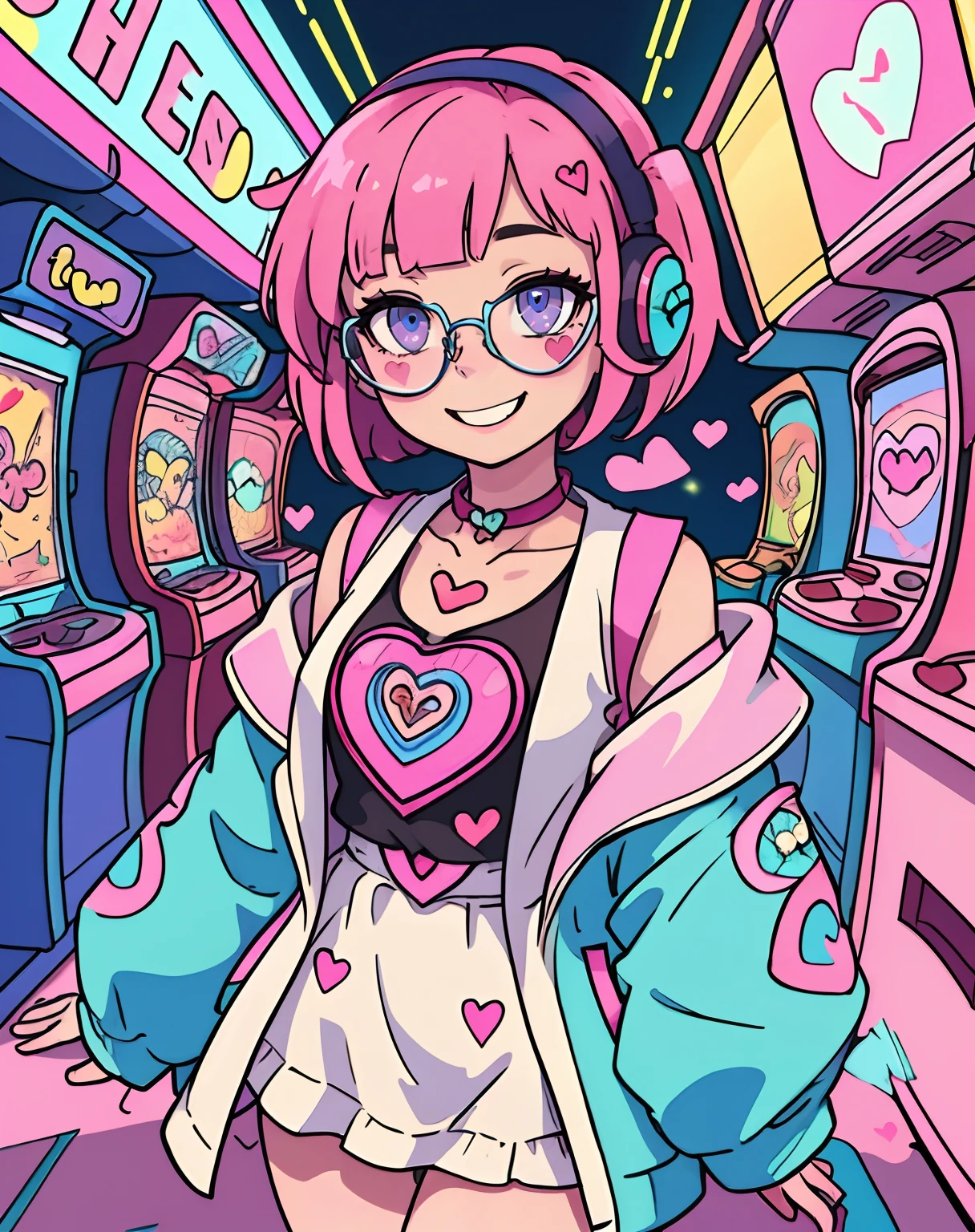 beautiful face, detailed eyes, big eyes, iris, blue eyes, heart-shaped glasses, gaze, gleaming eyes, smile, vibrant smile, masterpiece, best quality