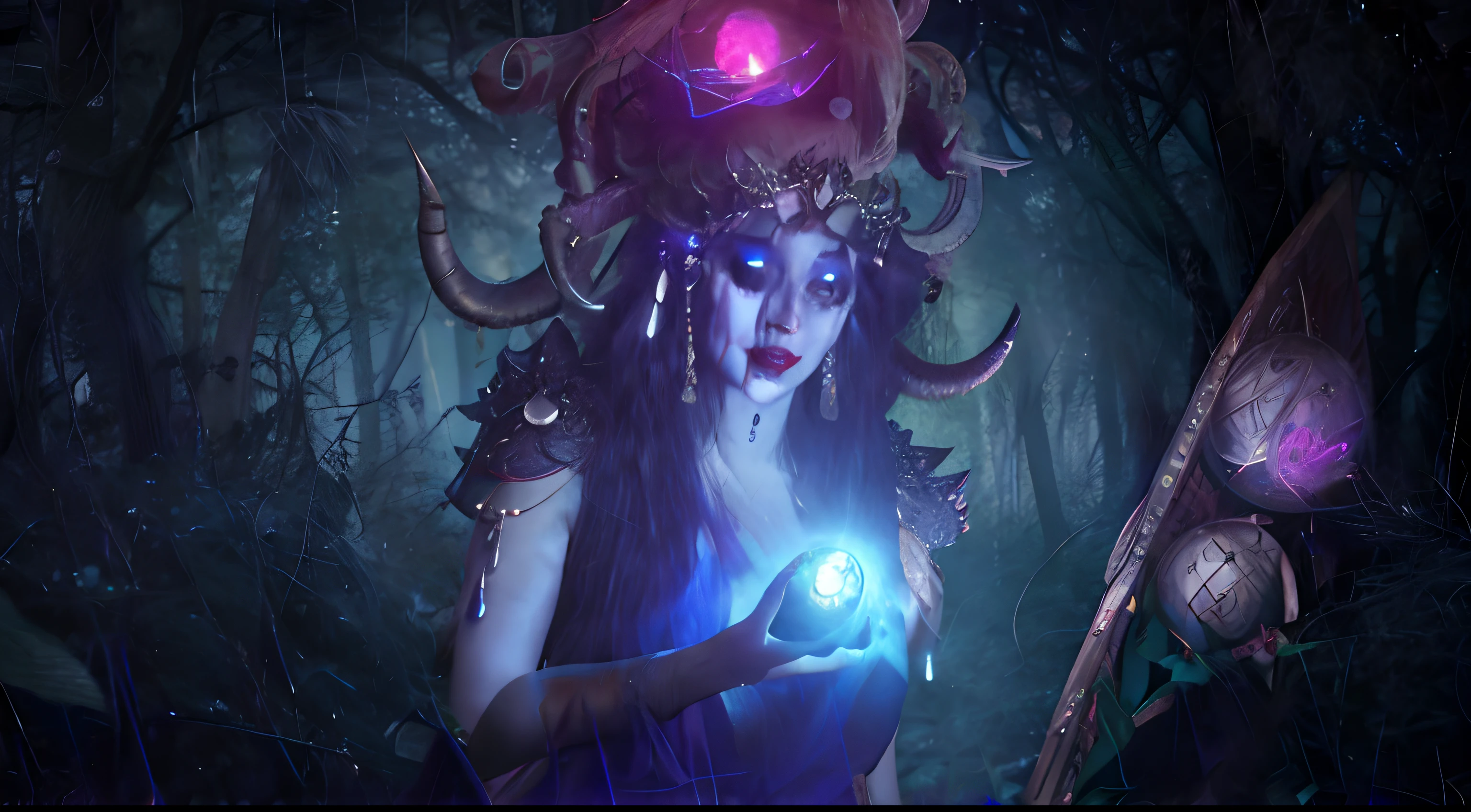 There is a woman holding a glowing ball in the forest, diablo 4 lilith, gothic maiden shaman, Maya Ali como um D&d feiticeiro, shaman witch, Artgerm Julie Bell Beeple, fae sacerdotisa, Diablo 4 Rainha, maya ali as a cyber sorceress, Female mage conjuring a spell, Arte de fantasia hiperrealista