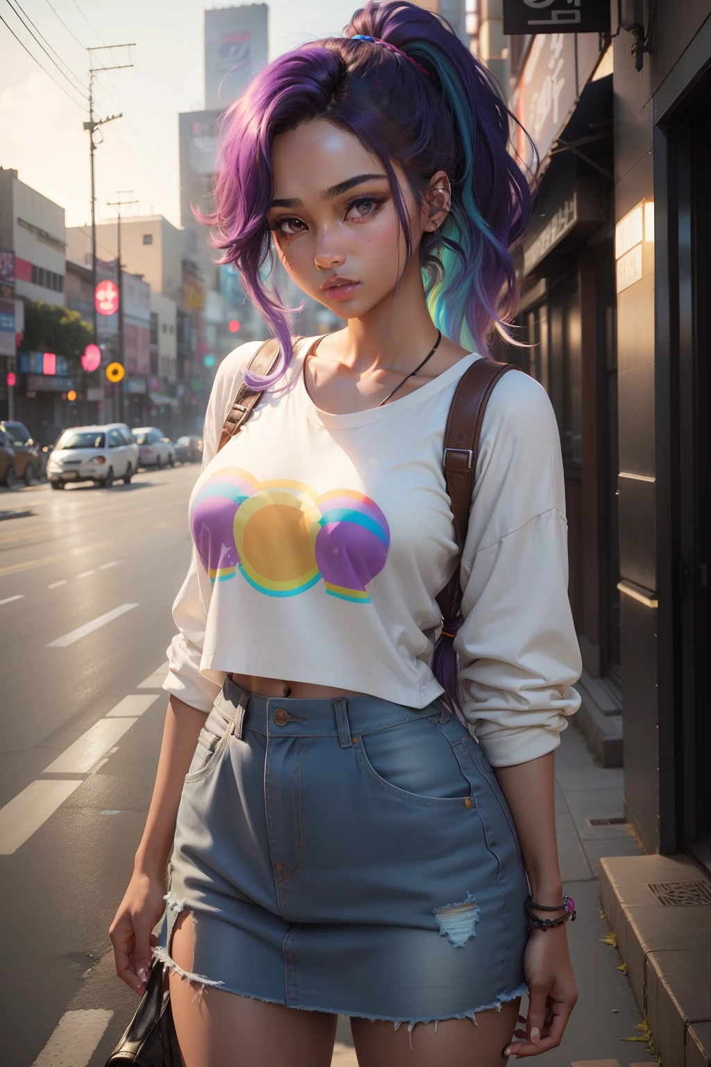 1girl, beautiful girl, brown skin, half body, Body Length 163 cm, 24 years old, brown skin girl, (Long Hair, Rainbow color hair), (Ponytail hairstyle hair), (purple eyes), realistic eyes, beautiful and big eyes), Galaxy clothes, wide clothes, medium breasts, (8k wallpaper), (Seoul streets wallpaper) 8k, high quilty, realistic, beautiful realistic, Cool details, raw photo, realistic clothing, short hair, Rainbow color hair, realistic hair, Light and cool lighting, photo realistic, Cel shaded, Gel lighting, ultra details