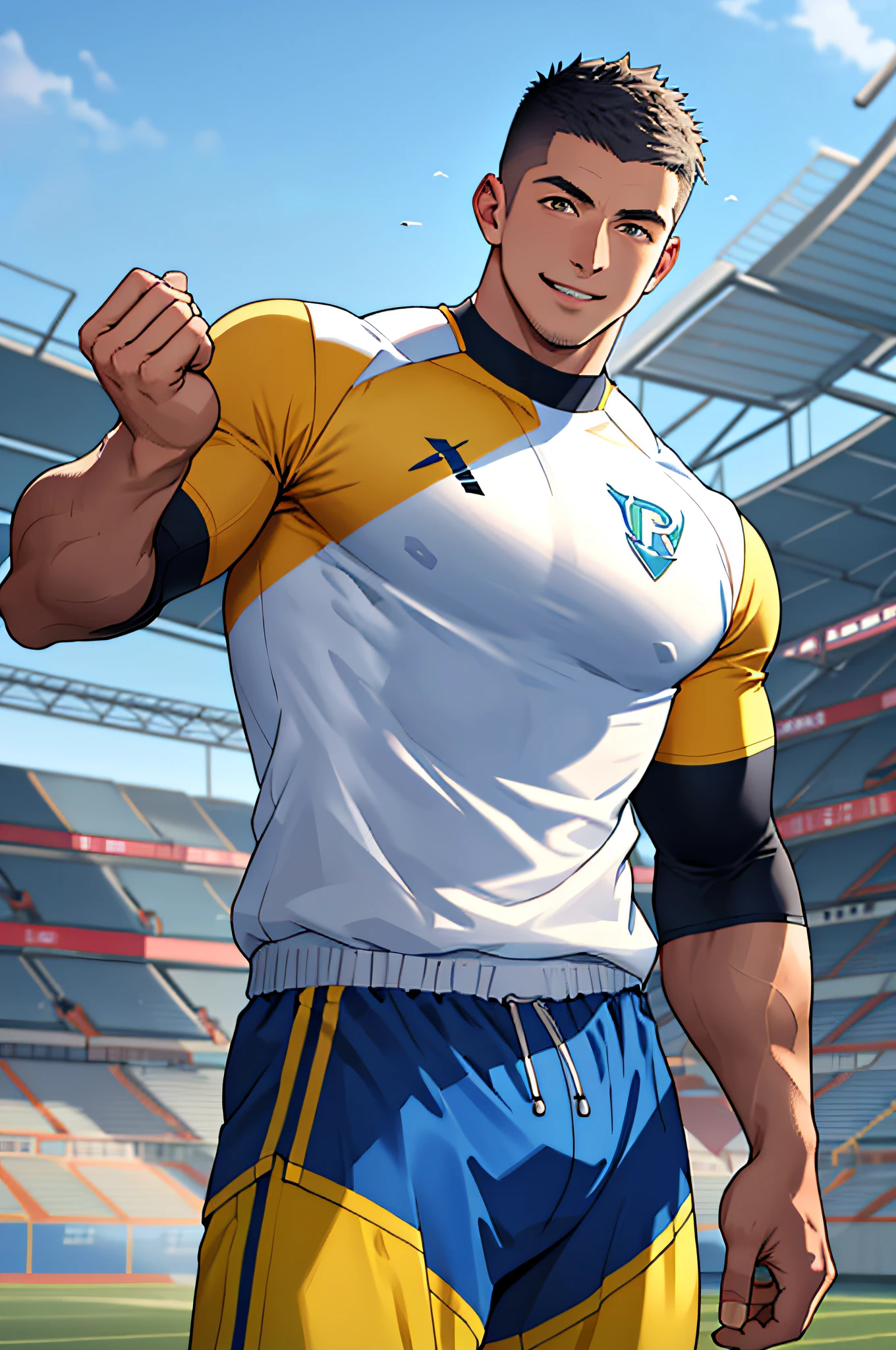 Draw a full-fledged athlete,Stand on the central field of the gym,He wears high-end sportswear,The man looks confident and determined,rays of sunshine,cheerful big breasts,Handsome,Crew cut,full bodyesbian,shooting from below,