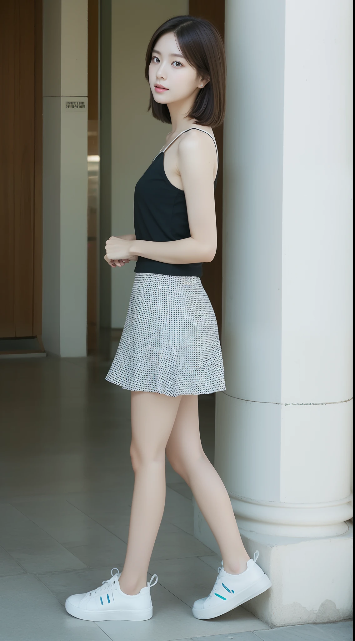 a female school teacher, very thin, pale white skin, visible bones, wet sweat, very slender body, full body