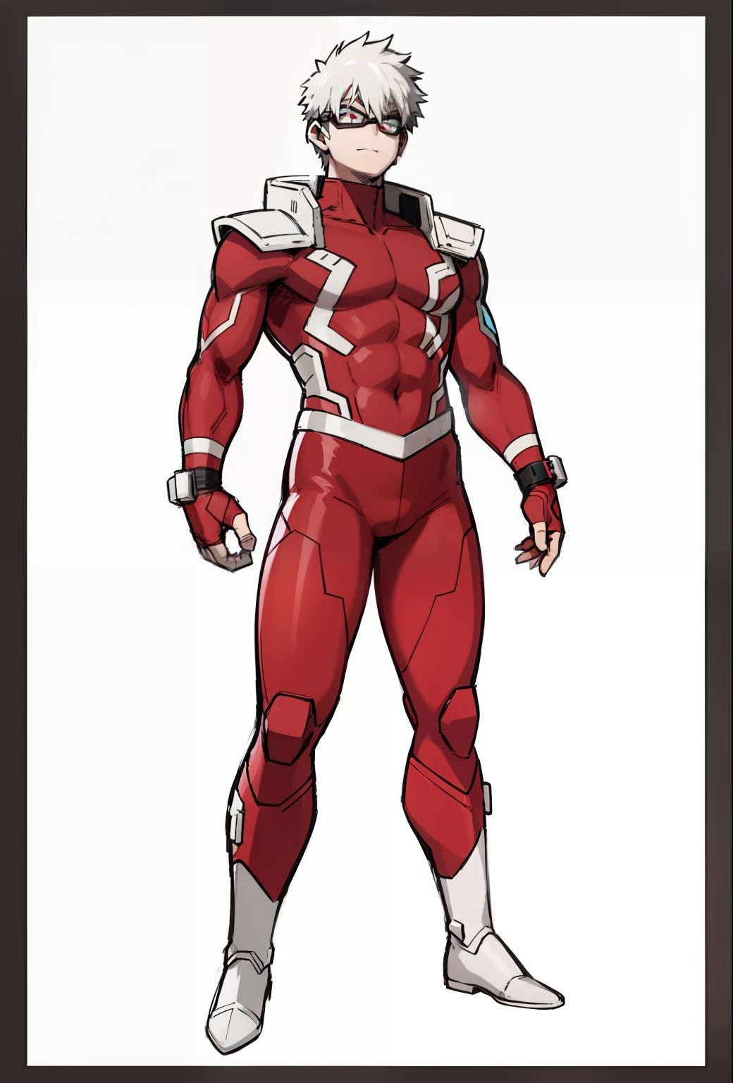 My Hero Academia style, anime boy, male, young male, trending on artstation pixiv, (full body shot:0.5), Ash white hair, short hair, red eye goggles, red goggles, eye goggles, Hero Costume, Full Body Suit, Red Suit with Silver Metal Lightning Lines, Perfect Anatomy, Super Detailed,