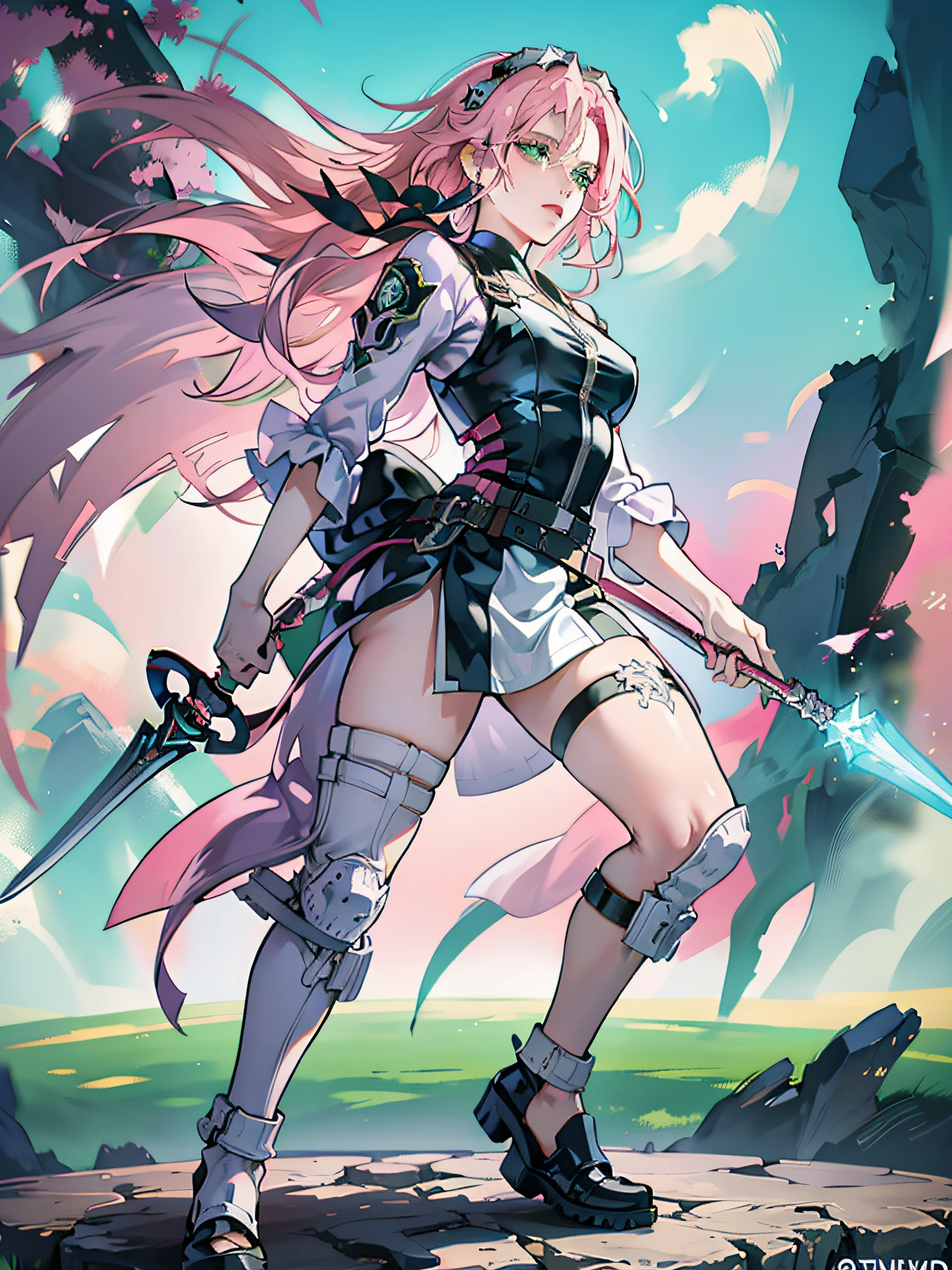 'Bleach, Nel Has (3 sword), full body, moving mode, pink hair, green eyes, trending on artstation, deviantart, concept art, trending on artstation, digital painting, digital illustration, extreme detail, digital art, 4k, ultra hd, in Hueco Mondo.'