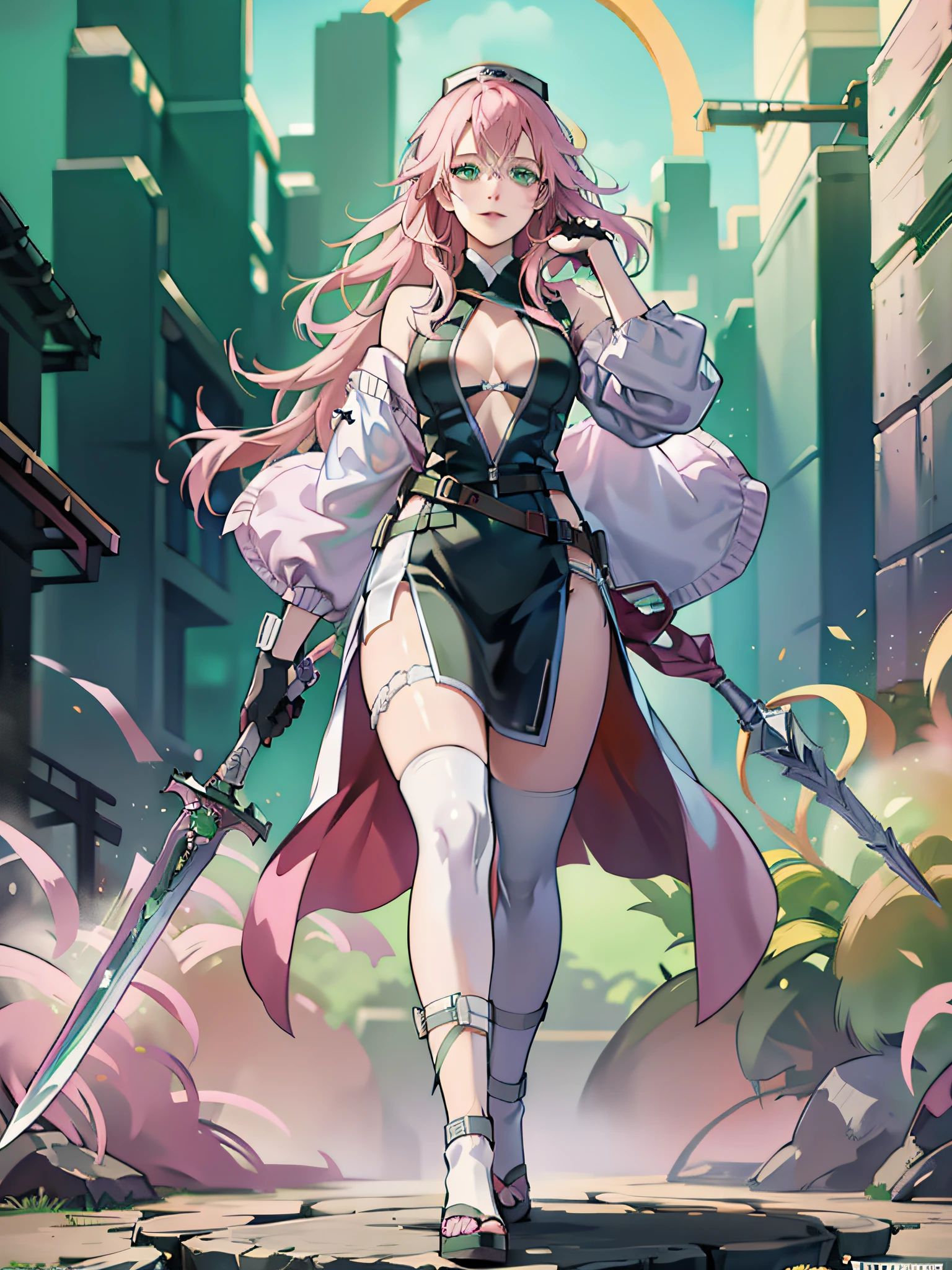 'Bleach, Nel Has (3 sword), full body, moving mode, pink hair, green eyes, trending on artstation, deviantart, concept art, trending on artstation, digital painting, digital illustration, extreme detail, digital art, 4k, ultra hd, in Hueco Mondo.'