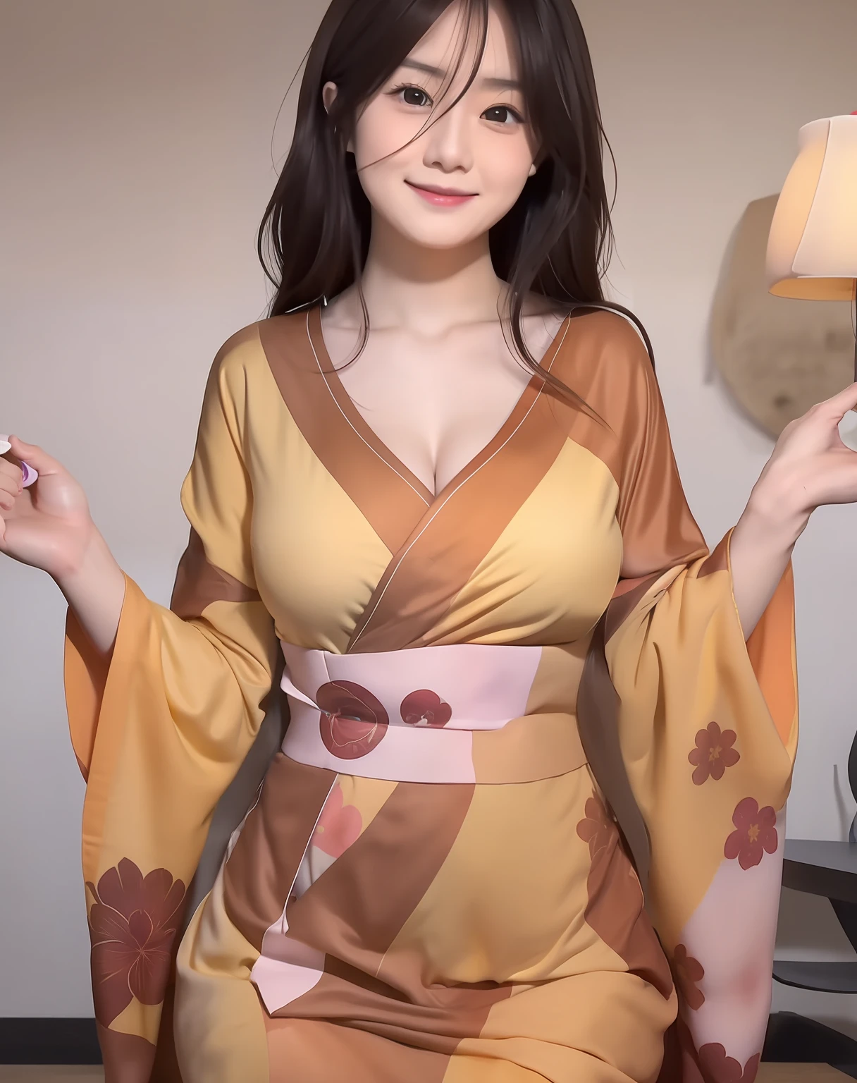Hanabi hyuga A woman is standing in a tight, dark-yellow kimono with an orange stripe. Her breasts look big and round. Her hair was so long as dark brown. His skin is so white. And her cheeks were rosy. She was seen sitting in a room. She looks smiling. And stare at the camera. Looking so pretty and realistic