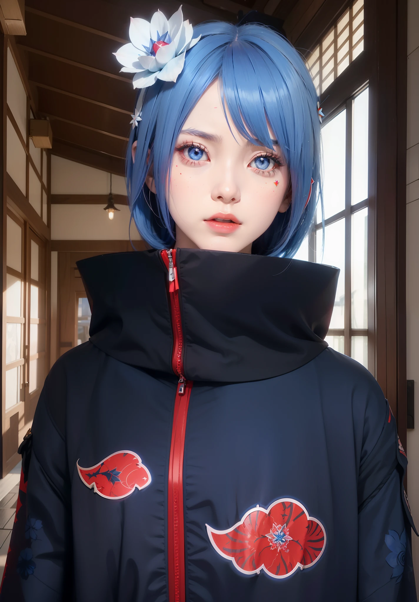 real Life adaption of this character,her name is konan from anime boruto ,hyper realistic ,detailed short blue hair with origami flower , high resolution, photorealistic,very detailed,realistic outfit Black robe with red zipper ,(((red cloud with white outline design printed))) ,Japanese teen beautiful ,detailed shining orange eyes,
