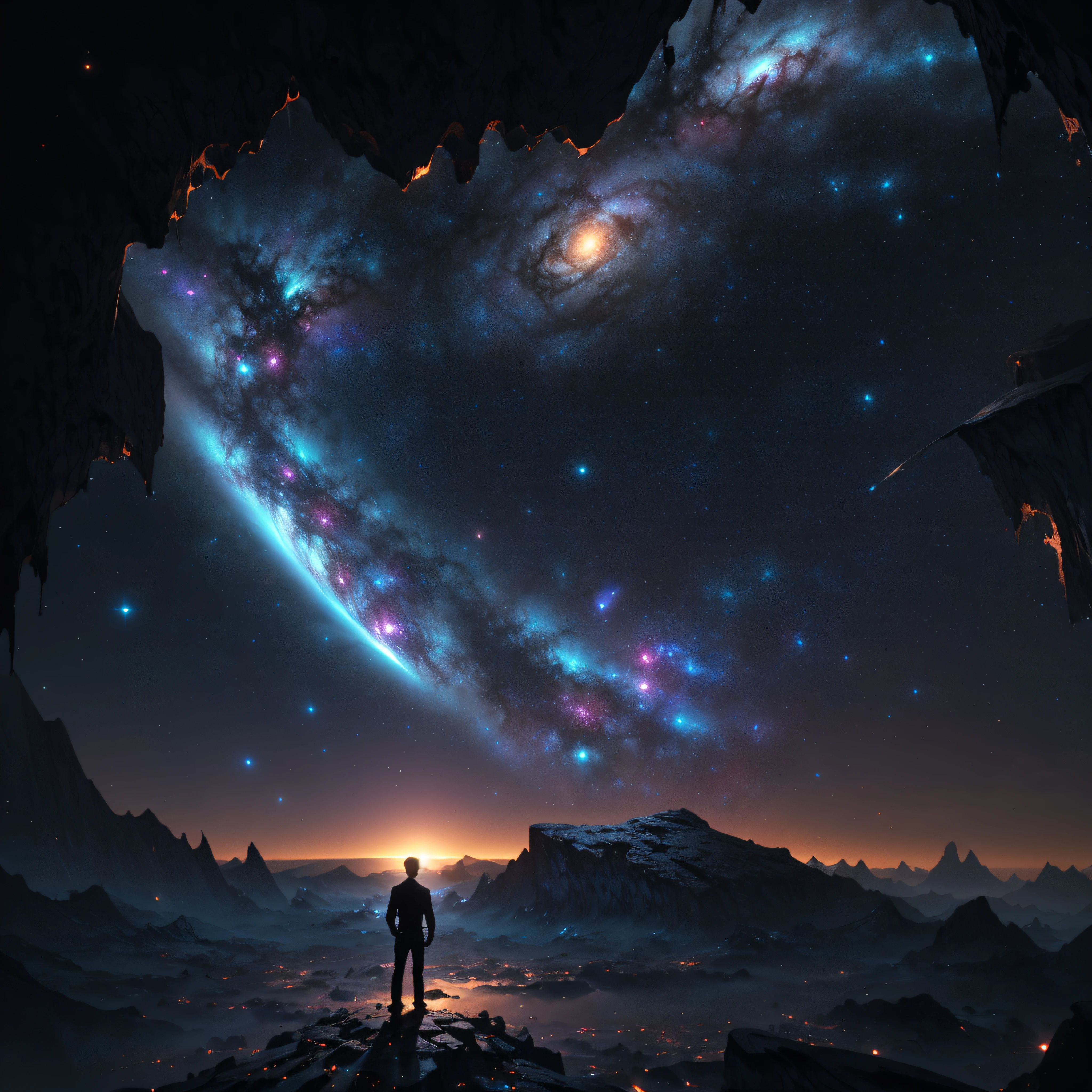 a young man watching a d3x3d style galaxy collapsing, amazing scenery, masterpiece.