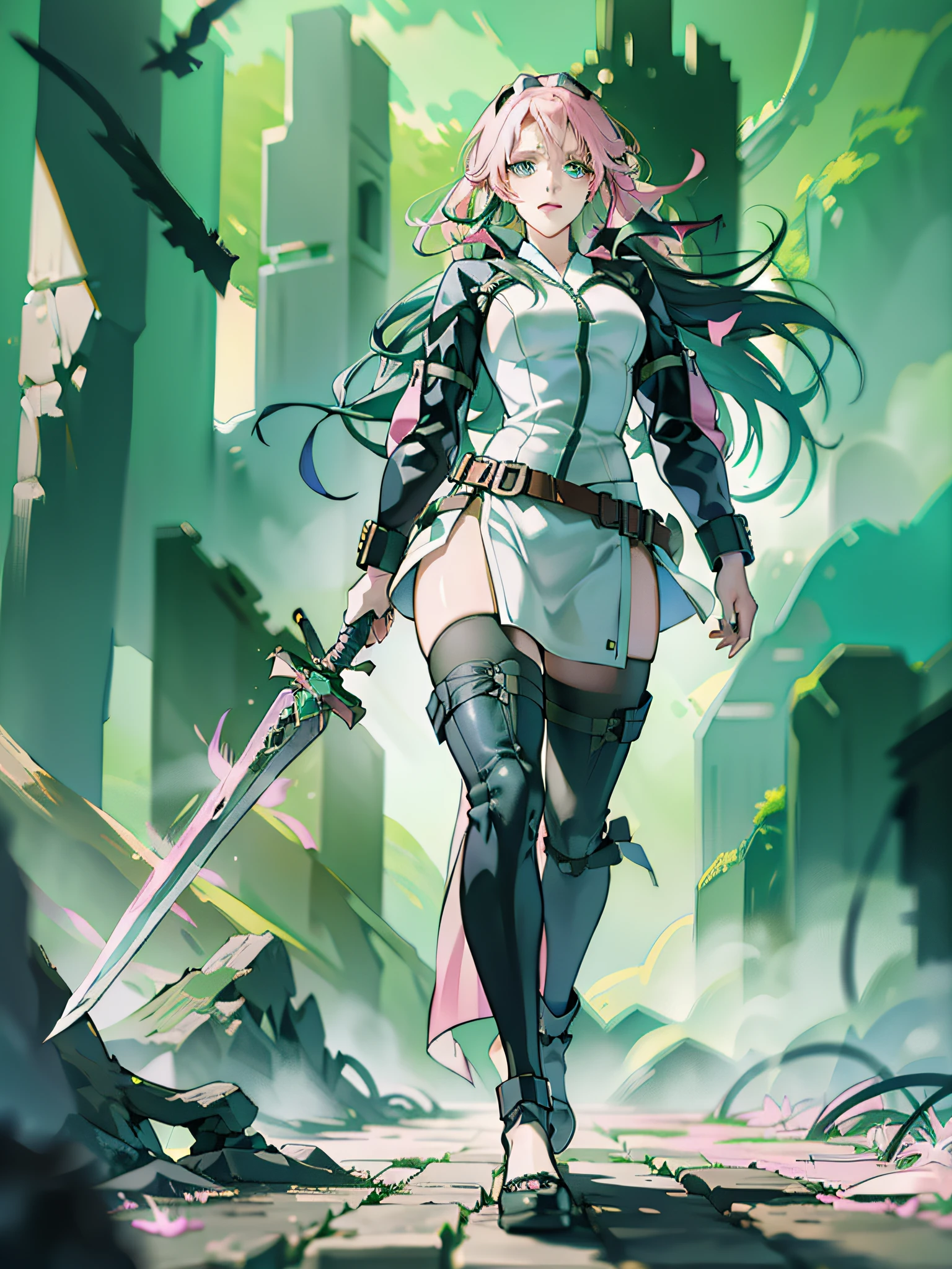 'Bleach, Nel Has (3 sword), full body, moving mode, pink hair, green eyes, trending on artstation, deviantart, concept art, trending on artstation, digital painting, digital illustration, extreme detail, digital art, 4k, ultra hd, in Hueco Mondo.'
