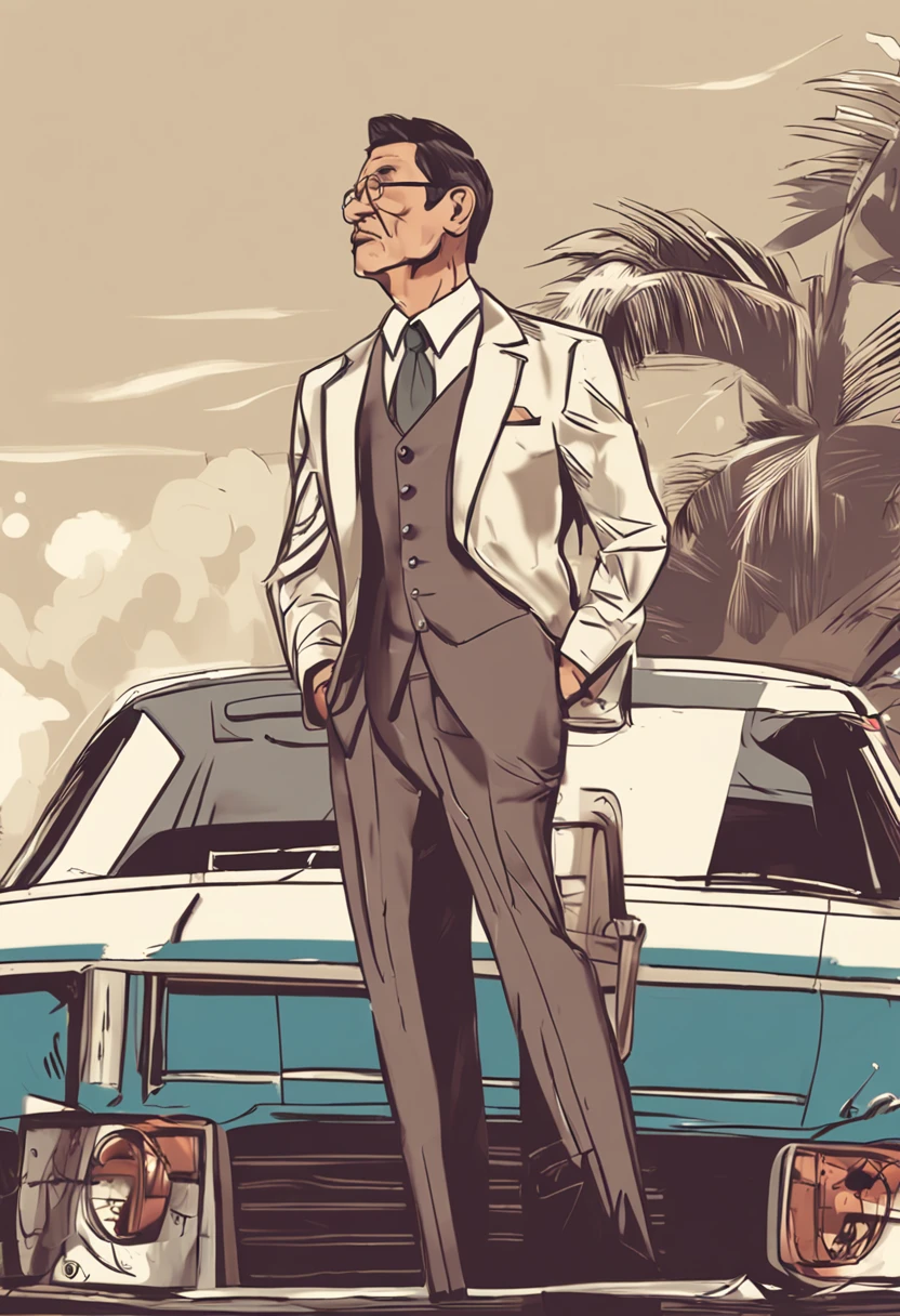 Rich Cowboy、He was driving a white Cadillac convertible with beautiful women in flashy dresses on either side of him._He is wearing a white three-piece suit, a white cowboy hat, sunglasses and smoking a cigar.