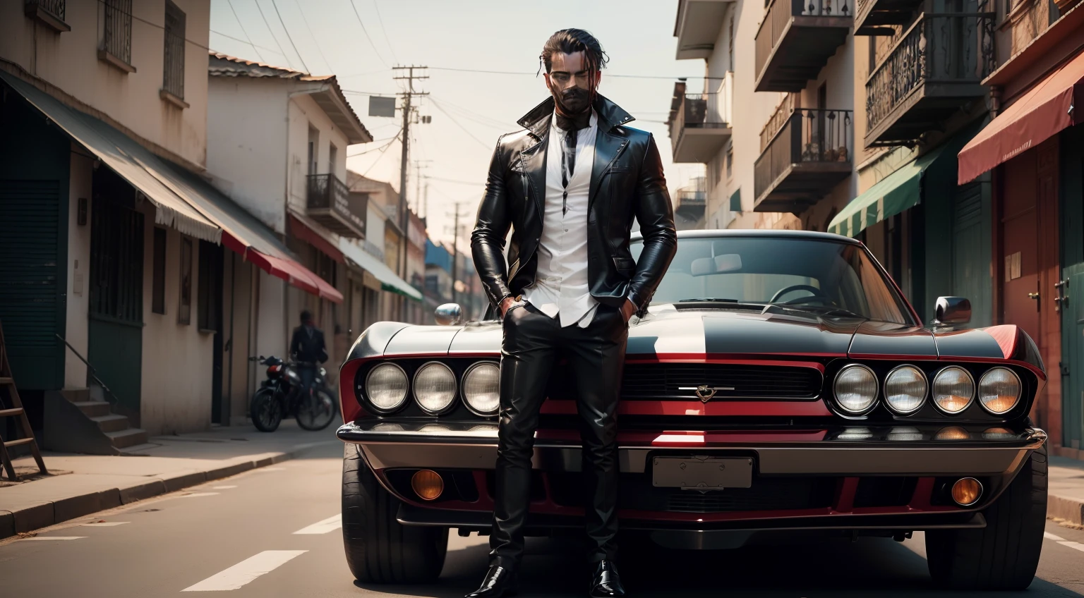 Carro preto, jaqueta vermelha, homem negro,