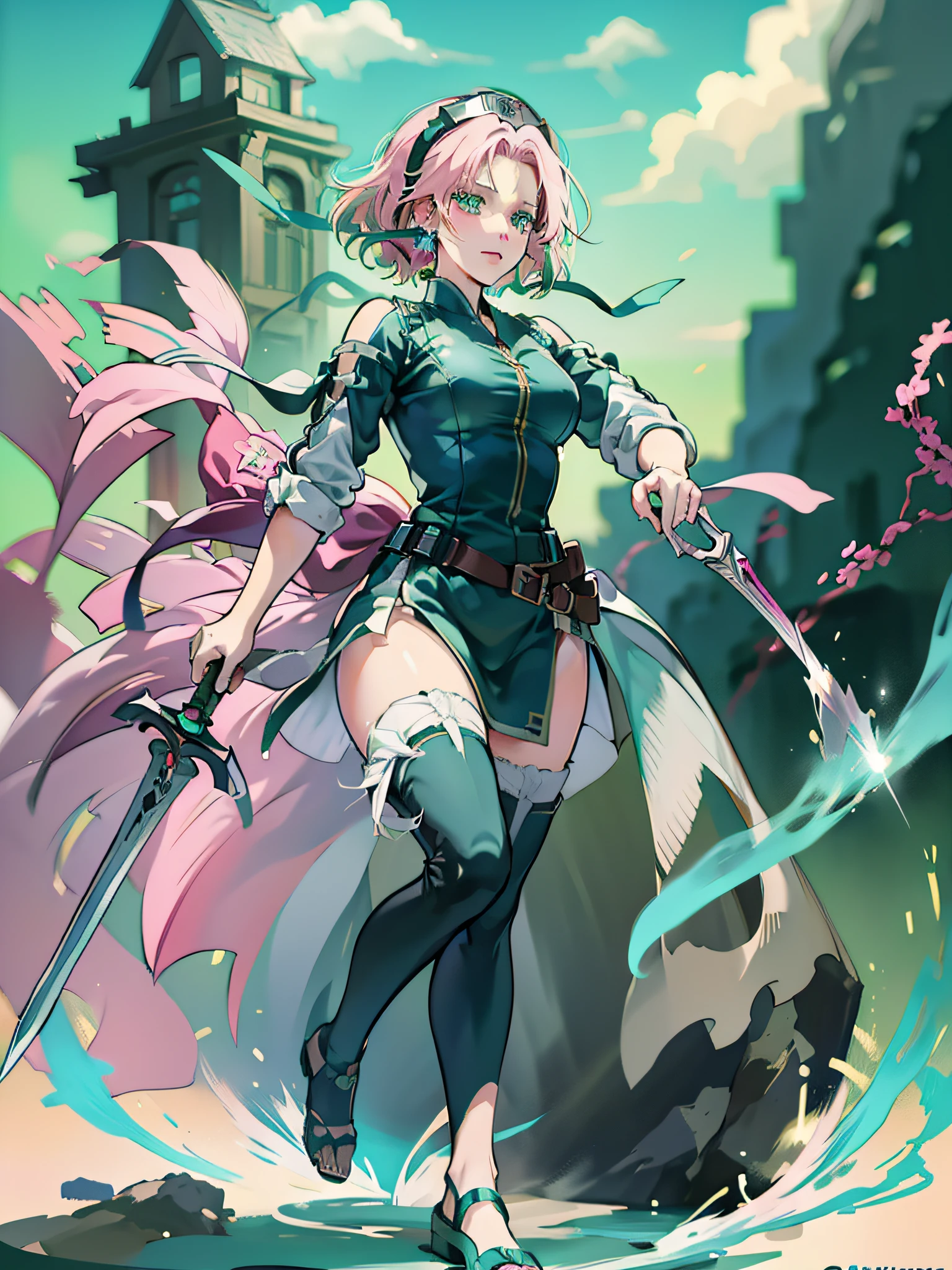 'Bleach, Nel Has (3 sword), full body, moving mode, green and pink hair, blue eyes, trending on artstation, deviantart, concept art, trending on artstation, digital painting, digital illustration, extreme detail, digital art, 4k, ultra hd, in Hueco Mondo.'