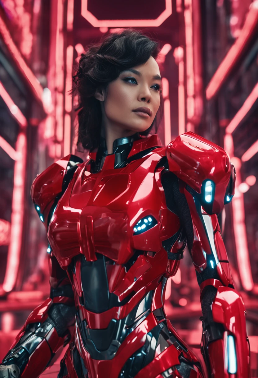A female robot,Red lacquered metal armor,Raised sexy,Large raised breasts,Asian faces,up front view;