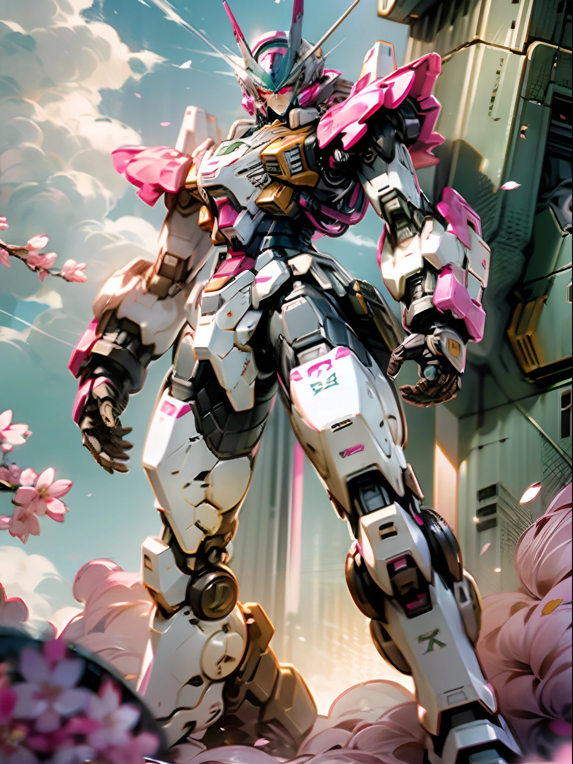 (best quality)), ((masterpiece)), (very detailed: 1.3), 8K, cool painting, full of sci-fi atmosphere, heavy machine gun pink giant Gundam in both hands, streamlined pink armor, complex weapons and equipment behind it, Gundam humanoid mech, anime mecha aesthetics, perfect body proportions, front kneeling posture, white clouds in the sky, cherry blossom pink background, looking up view, ray tracing, light particles, NVIDIA TRTX, super resolution, Unreal 5, anime two-dimensional style, Subsurface scattering, specular and albedo maps, rule of thirds, large aperture, battle stance.