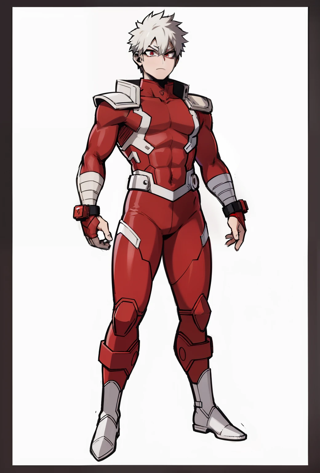 My Hero Academia style, anime boy, male, young male, trending on artstation pixiv, (full body shot:0.5), Ash white hair, short hair, red eye goggles, red goggles, eye goggles, Hero Costume, Full Body Suit, Red Suit with Silver Metal Lightning Lines, Perfect Anatomy, Super Detailed,