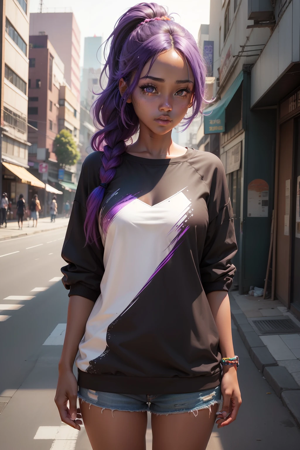 Pretty black woman sitting on a hillside, soft hair, funkypop, cyberdelic, grunge, hyperrealistic anime, lofi art, luminism, manga, medium shot, chemiluminescence, flare, flourescent lightin, character design, atey ghailan, basquiat, colorful_frequencies, electric colors, iridescent, dynamic pose, nouveau realisme, city background, african american, casual clothing 