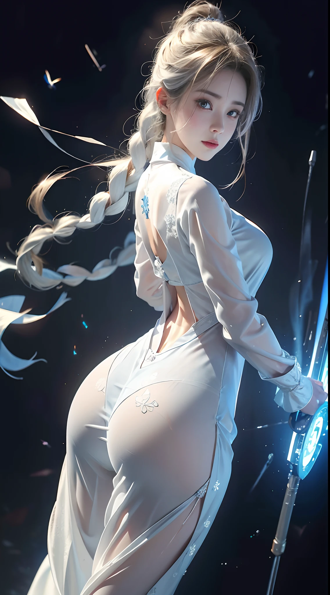 realisticlying, A high resolution, 1 rapariga, White color hair, korean people, eBlue eyes, The transparent cheongsam is flying,Sheer tight-fitting garments,Beads of sweat dripped down the buttocks,Large chest,Wide buttock, your ass,Butt visible,Visible on the back,buttocks visible,Ass pouted,wide wide shot,Cinema lenses,The skin glows,space ship,