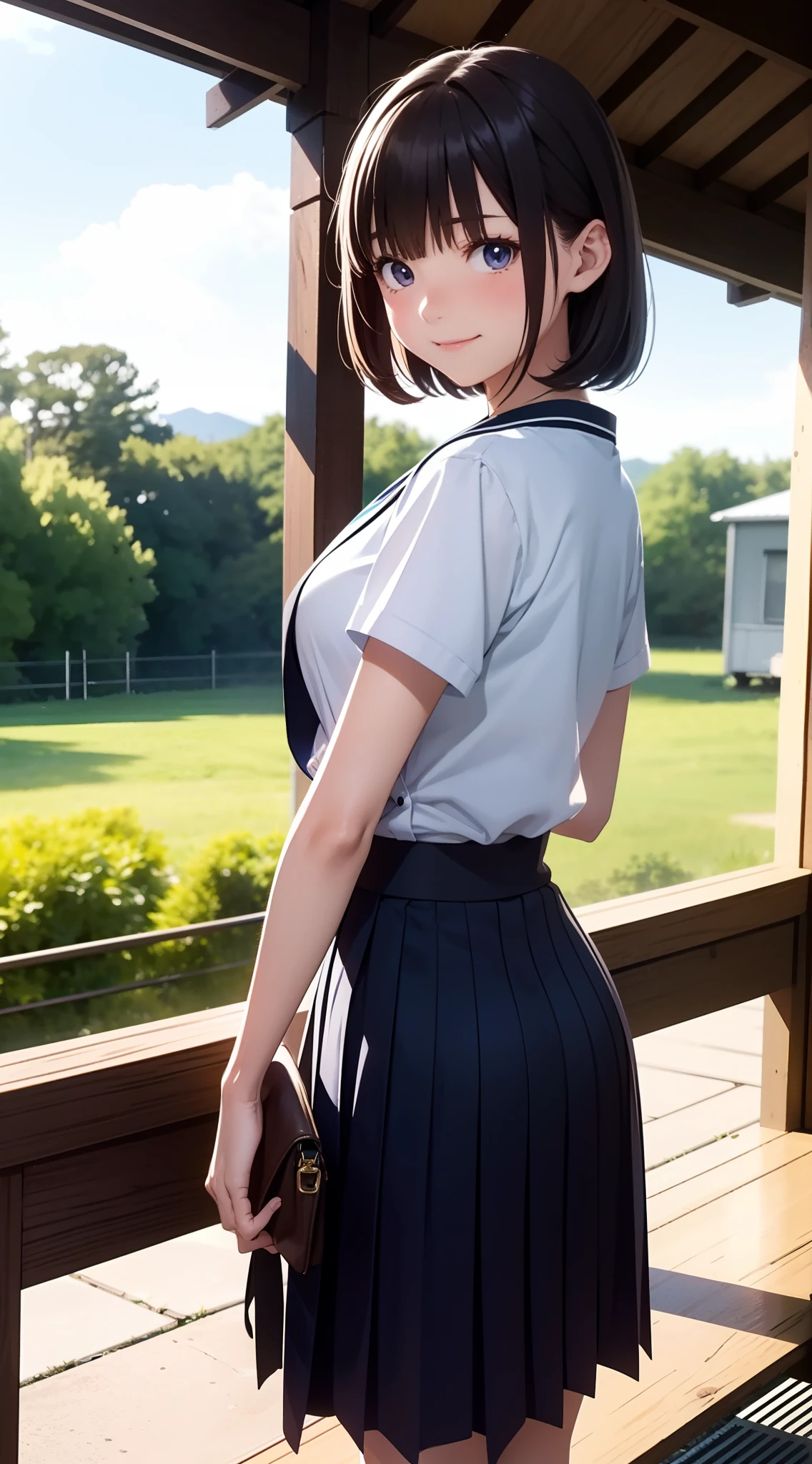 1人の女性、3d anime、kawaii、18year old、Bob Hair、Country life、Summer sky、Rural atmosphere、Random Poses、Random attire、Being in the classroom、Wearing a Japan uniform、Laughing