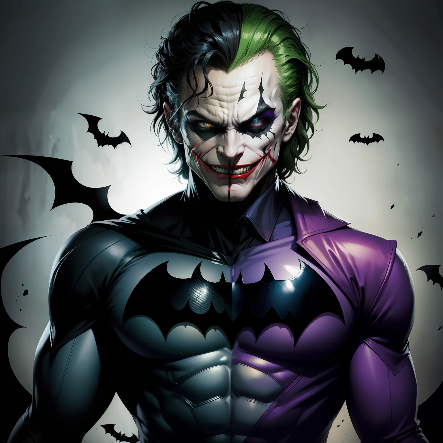 BATMAN JOKER,RUDO,COLORES DEL JOKER,DIENTES AFILADOS,GLOW NEON DE FONDO,LLUVIDA SANGRE Y FUEGO