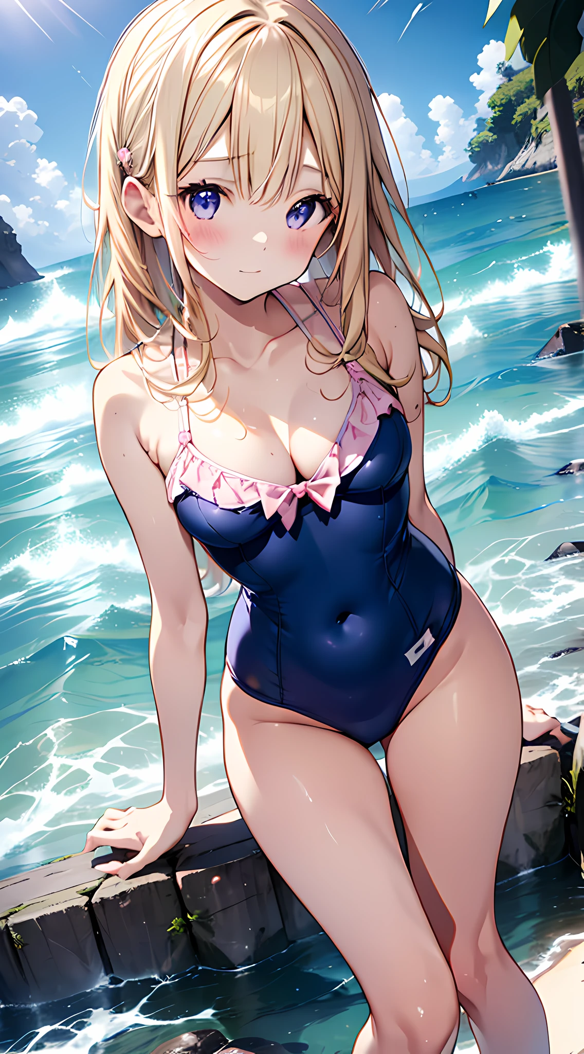 {Japan slender beautiful girl}、Maids、Pink School Swimsuit、hight resolution、top-quality、The ultra-detailliert、wedge、Fine details、Does not blush cheeks、a blond、Back Angle、the beach